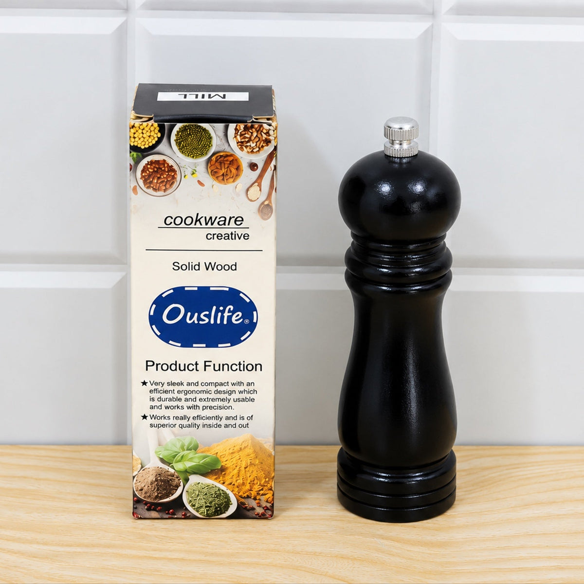 Wooden pepper grinder kitchen use