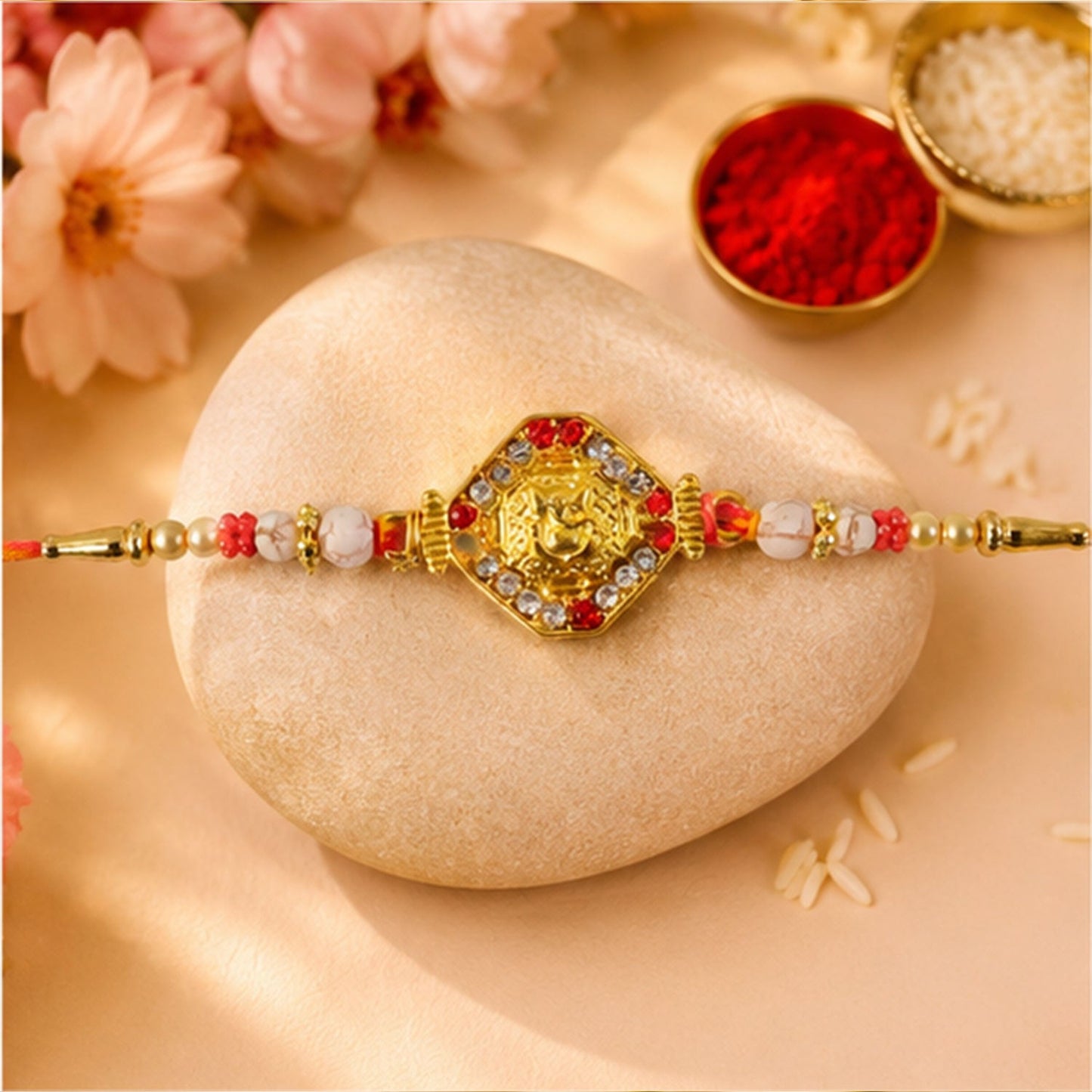 Close-up of Ganesh bead centerpiece on rakhi