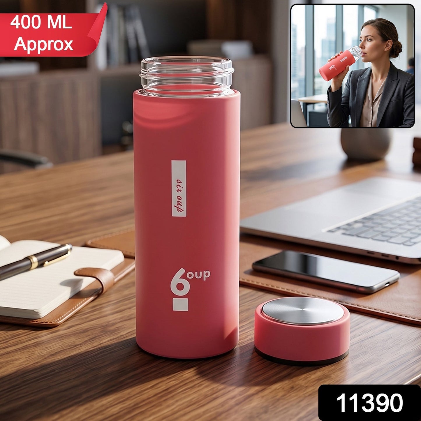 Pack of 400ml glass water bottles with sleeves