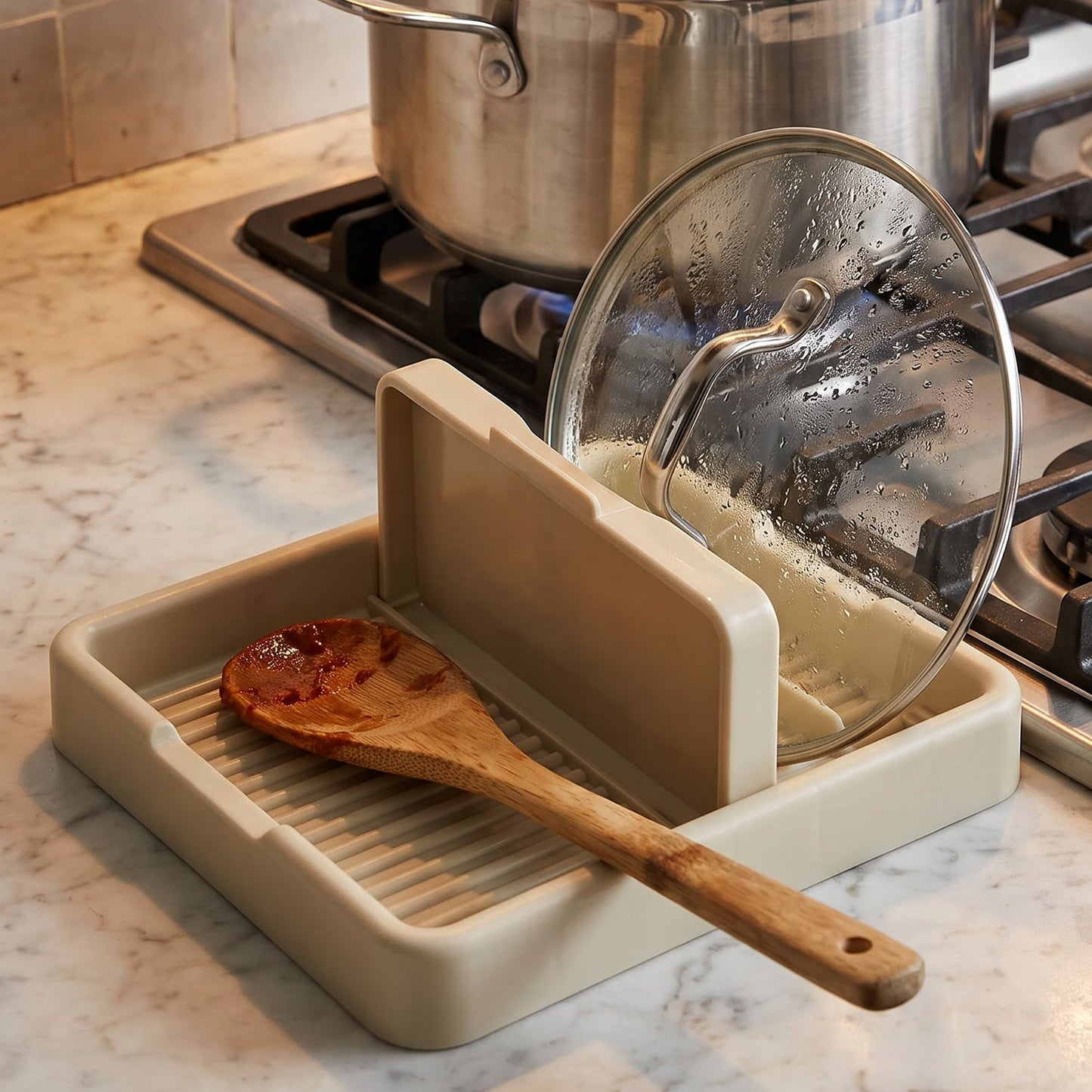 Pot lid resting in the holder while cooking