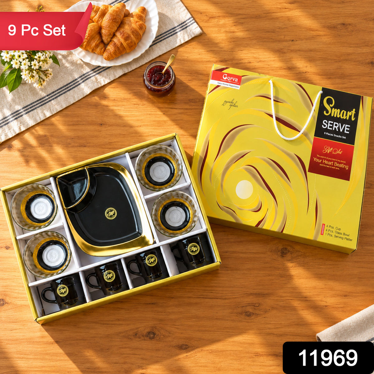 Healthy Choice Set Of 4pc Ceramic Cup And 4pc Glass Bowl With Plastic Plate (9 Pcs Set)