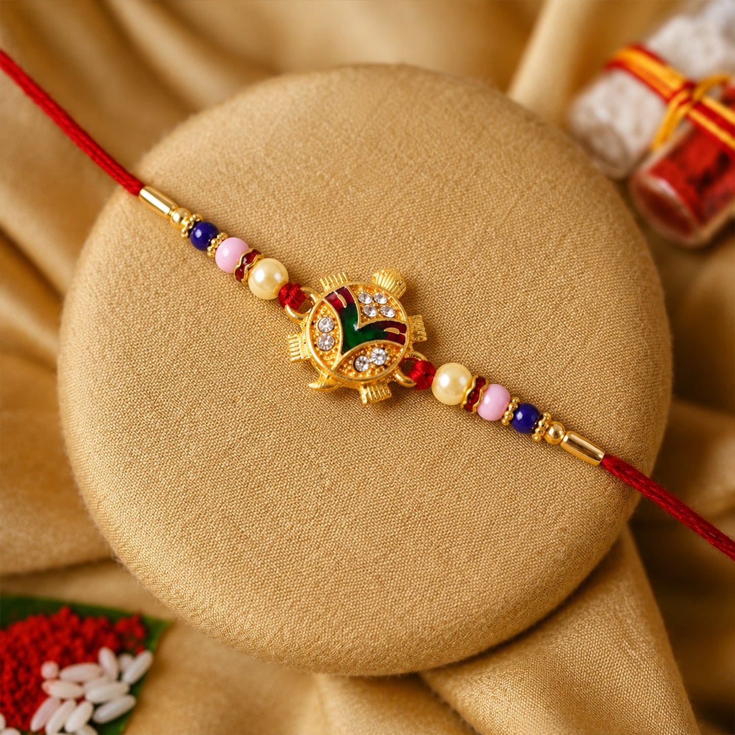 Traditional Tortoise Charm Rakhi close-up showing detailed design