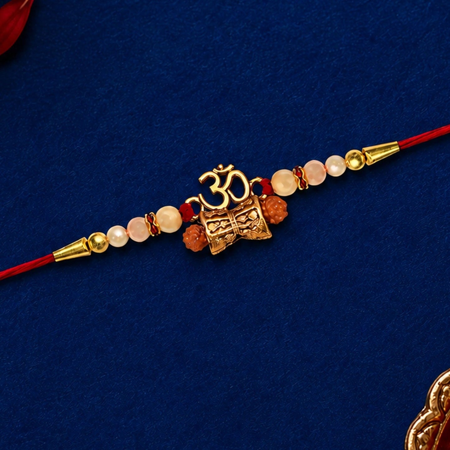 Golden Charm Rakhi with pearl beads and red thread, perfect for Raksha Bandhan celebrations.