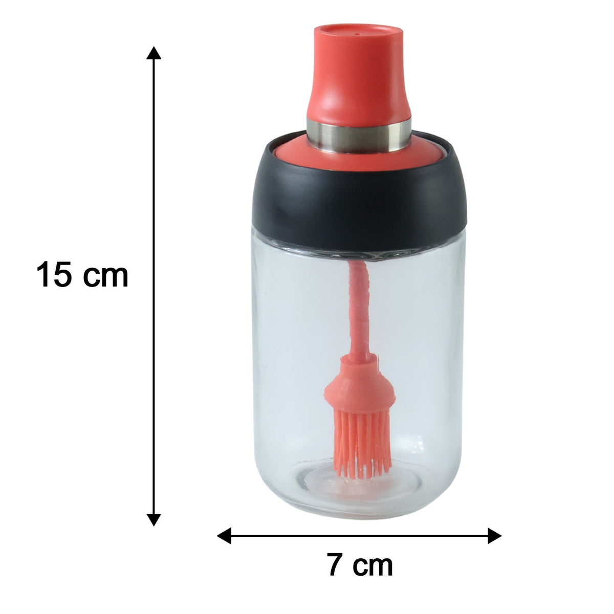 A glass oil dispenser with a red silicone brush, showing dimensions of 15 cm height and 7 cm width.