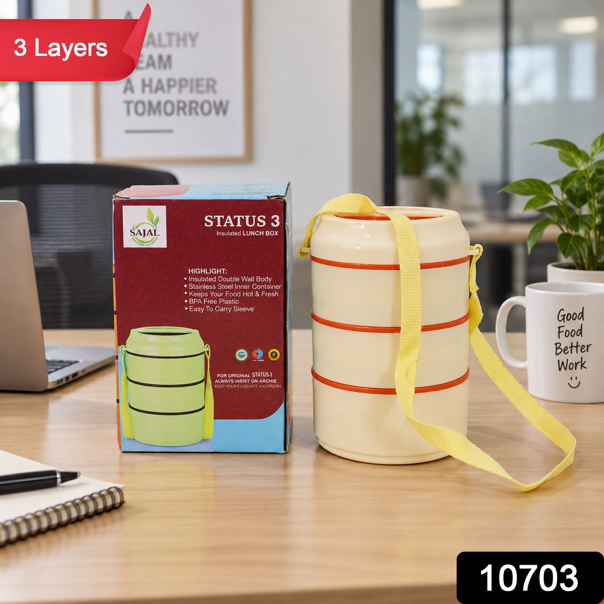 3 Layer Insulated Lunch Box Set with Handle & Strap - (Set)