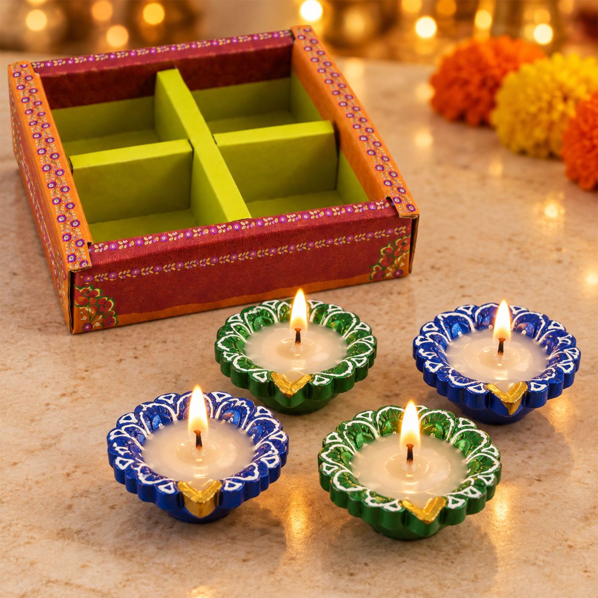 Decorative Flower-Shaped Clay Wax Diyas in Blue & Green (4 Pc)