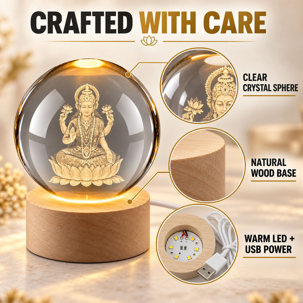 Crystal sphere, wooden base and USB LED details