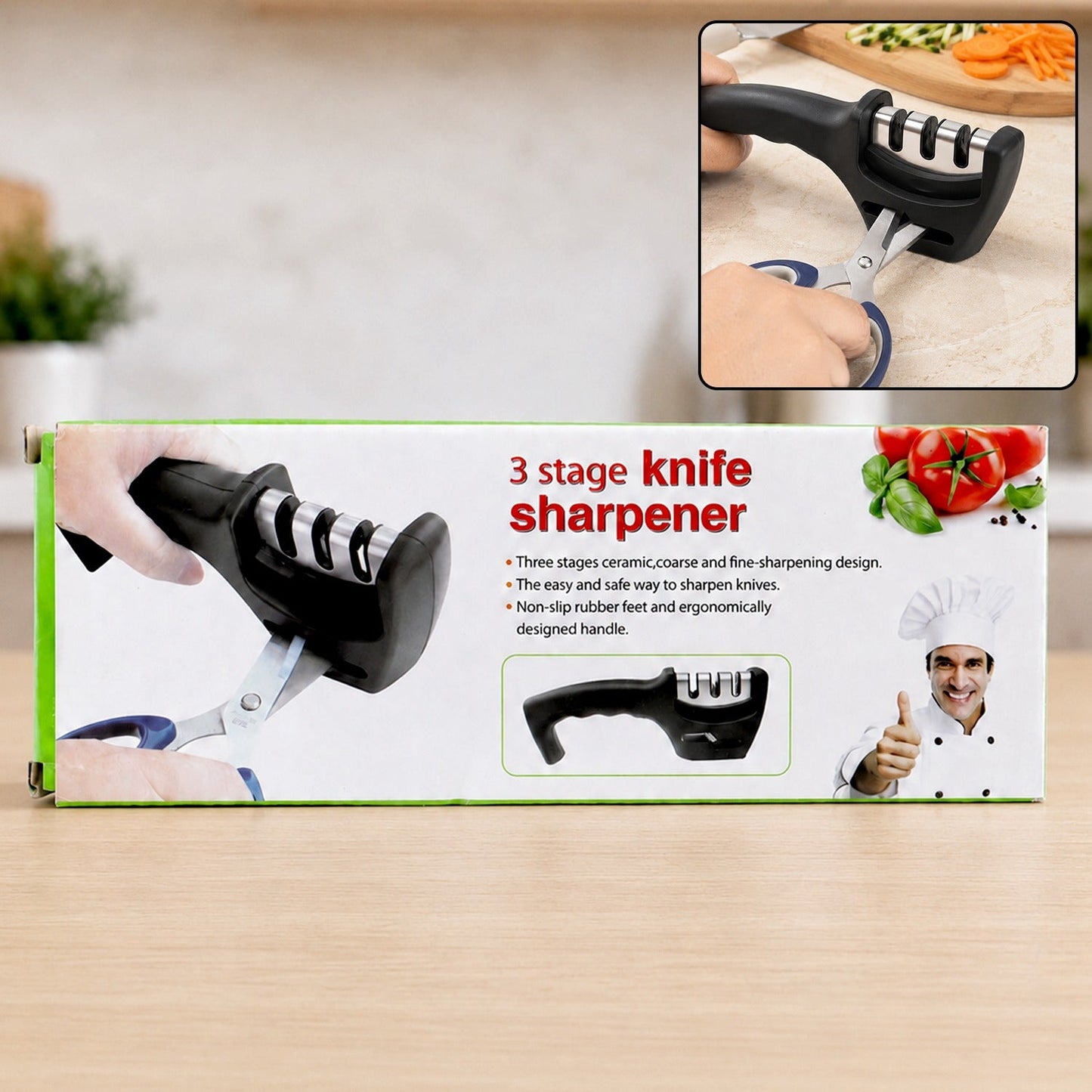 Three Stage Manual Knife Sharpener for Home Kitchen Use