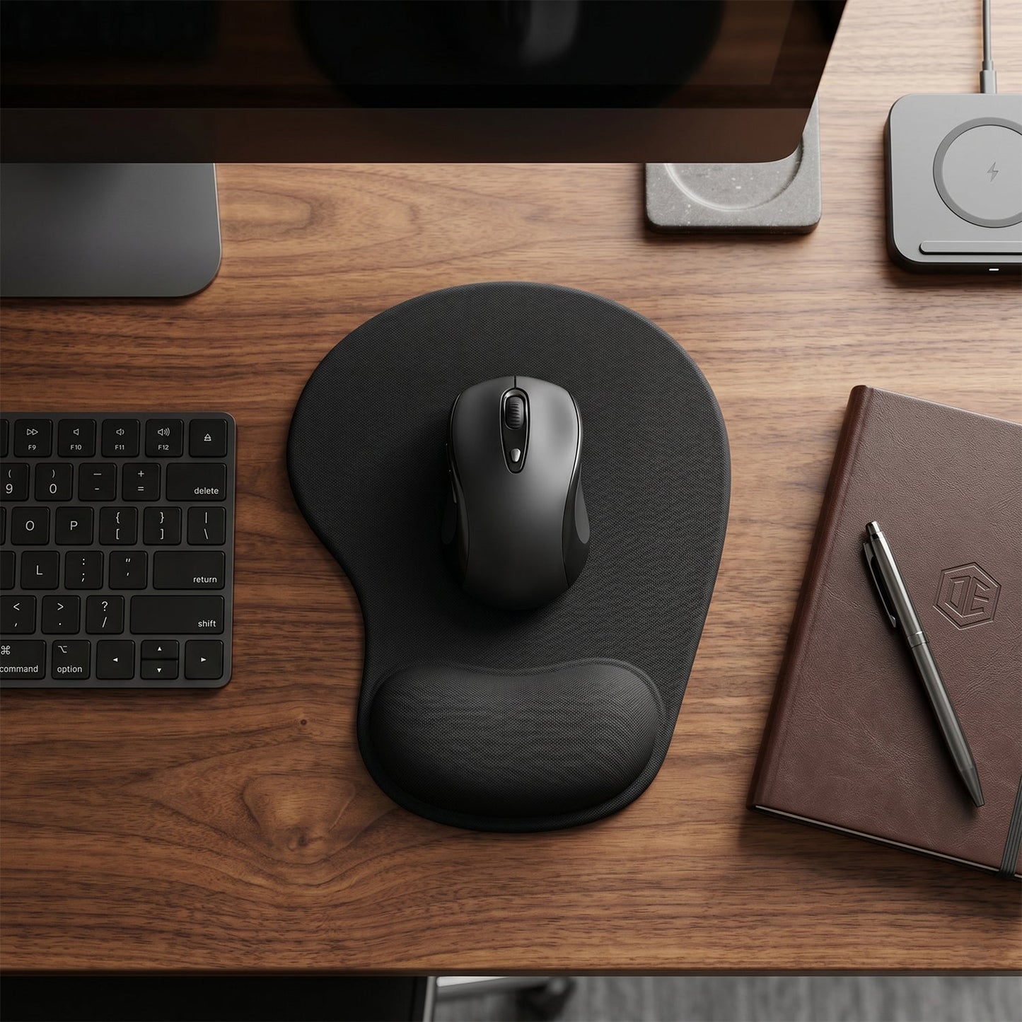 Person using ergonomic mouse pad at a desk for gaming