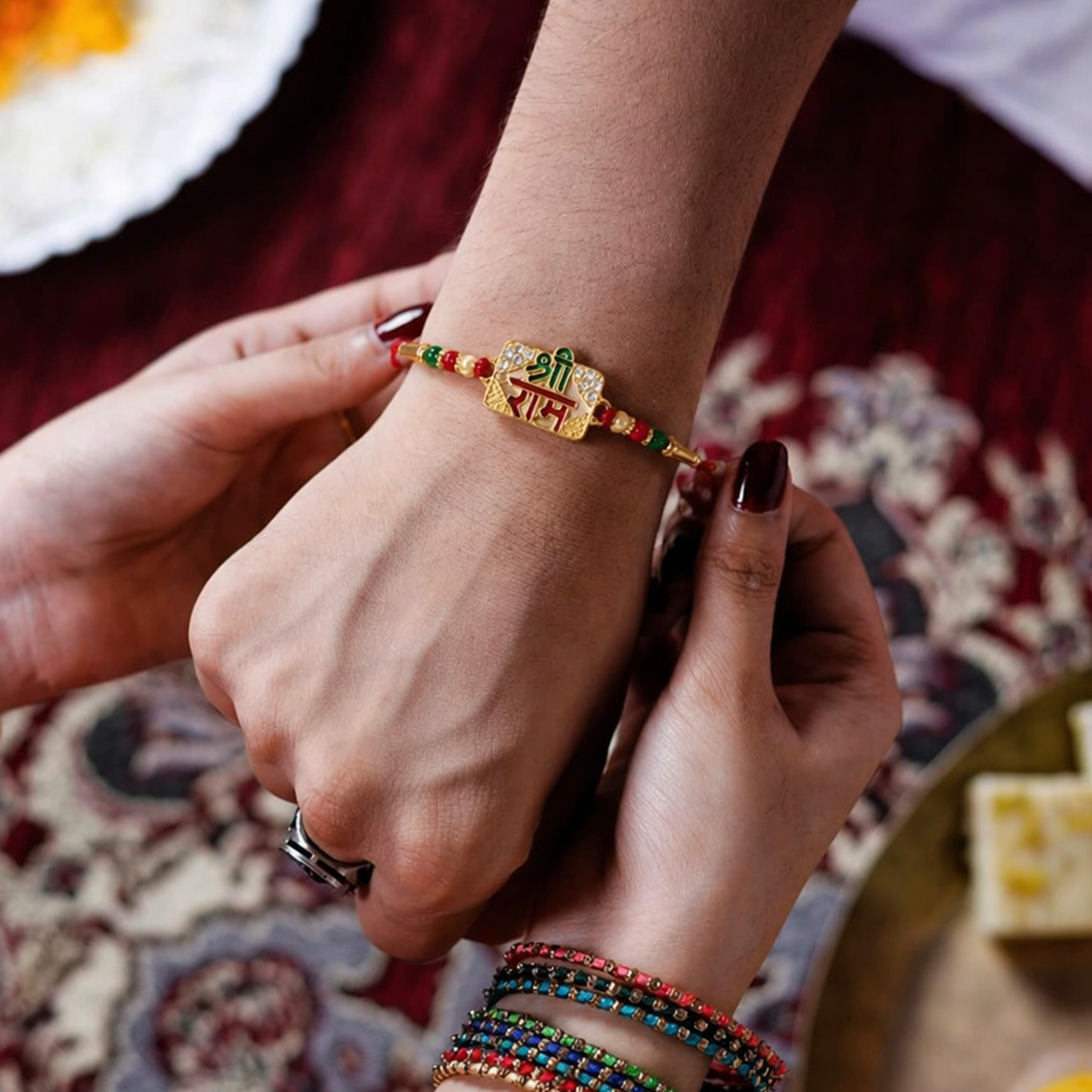 Top-down view of Shree Ram Rakhi highlighting its unique traditional design