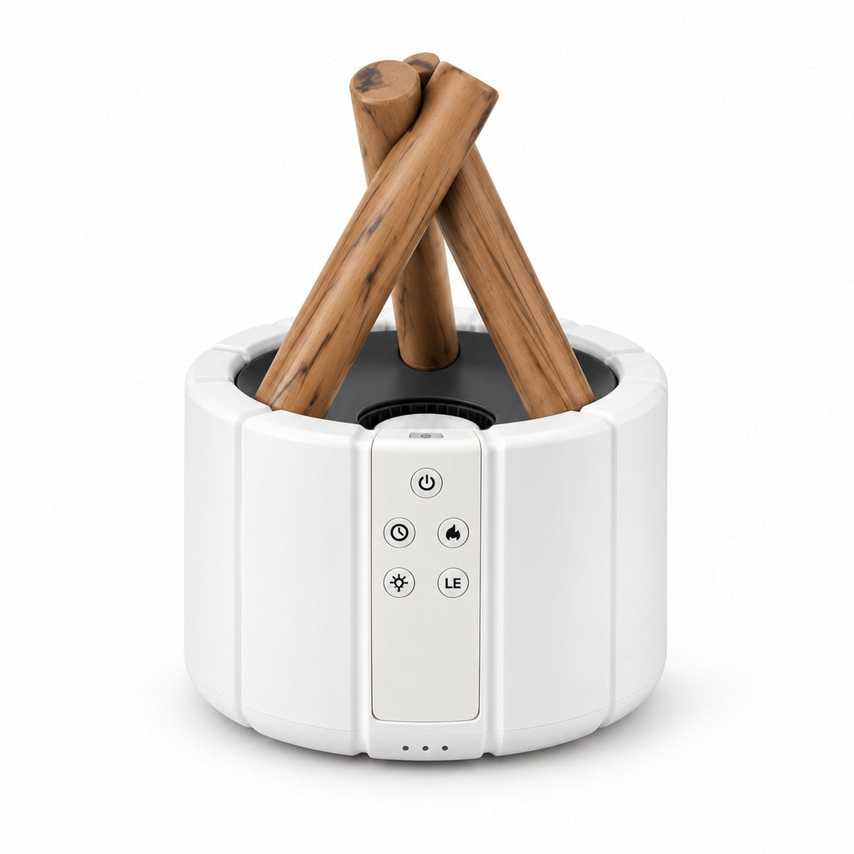 White humidifier with faux wood logs and control panel visible, shown on a plain white background.