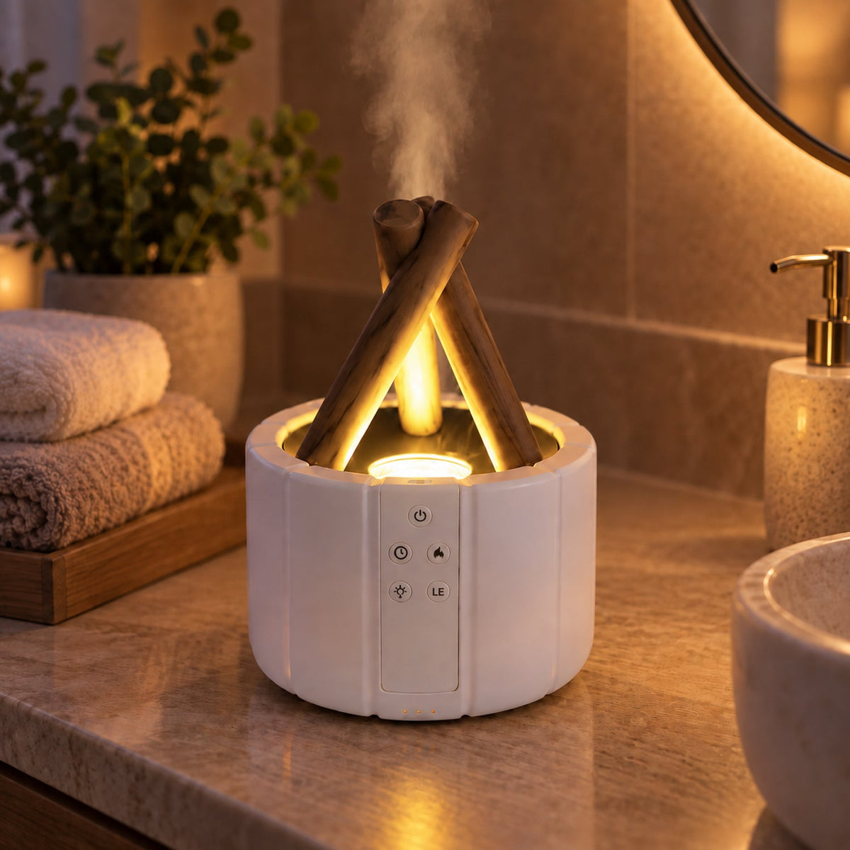 White humidifier with faux wood logs and orange light emitting mist on a marble bathroom counter with towels and plant.