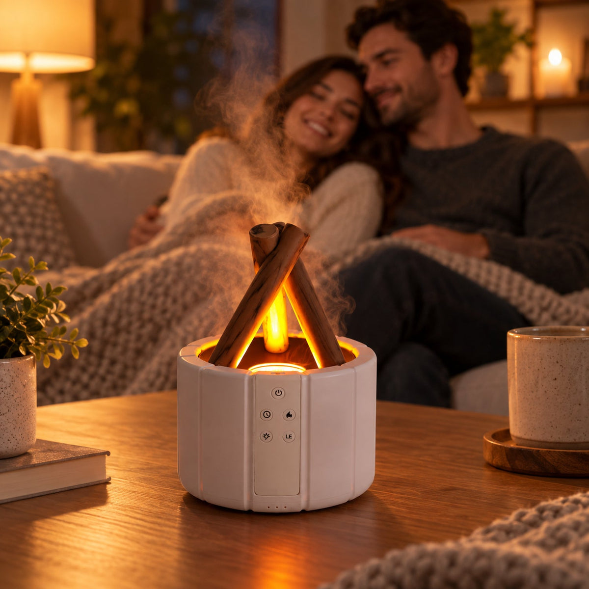 Bonfire style humidifier showing various light colours