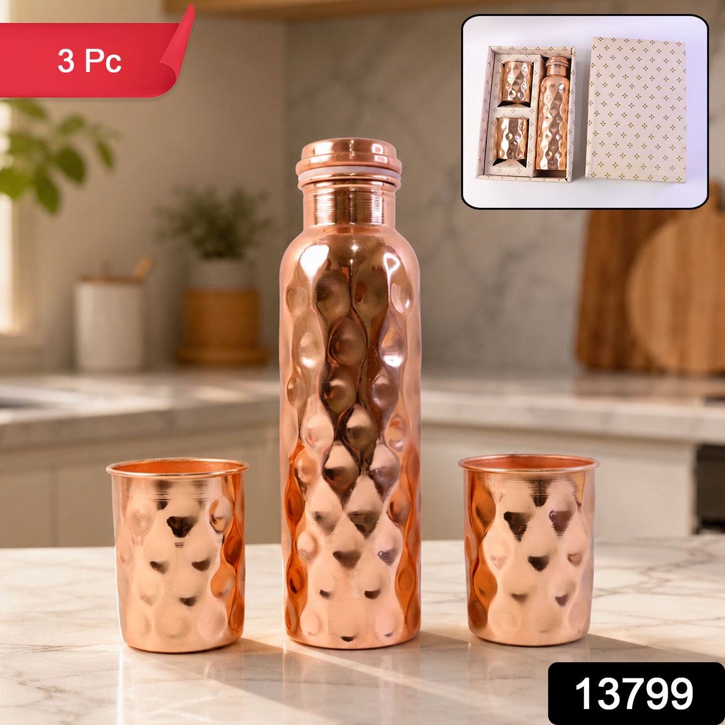 Diamond Cut Copper Water Bottle 2 Glasses with Gift Box (3 Pcs Set)