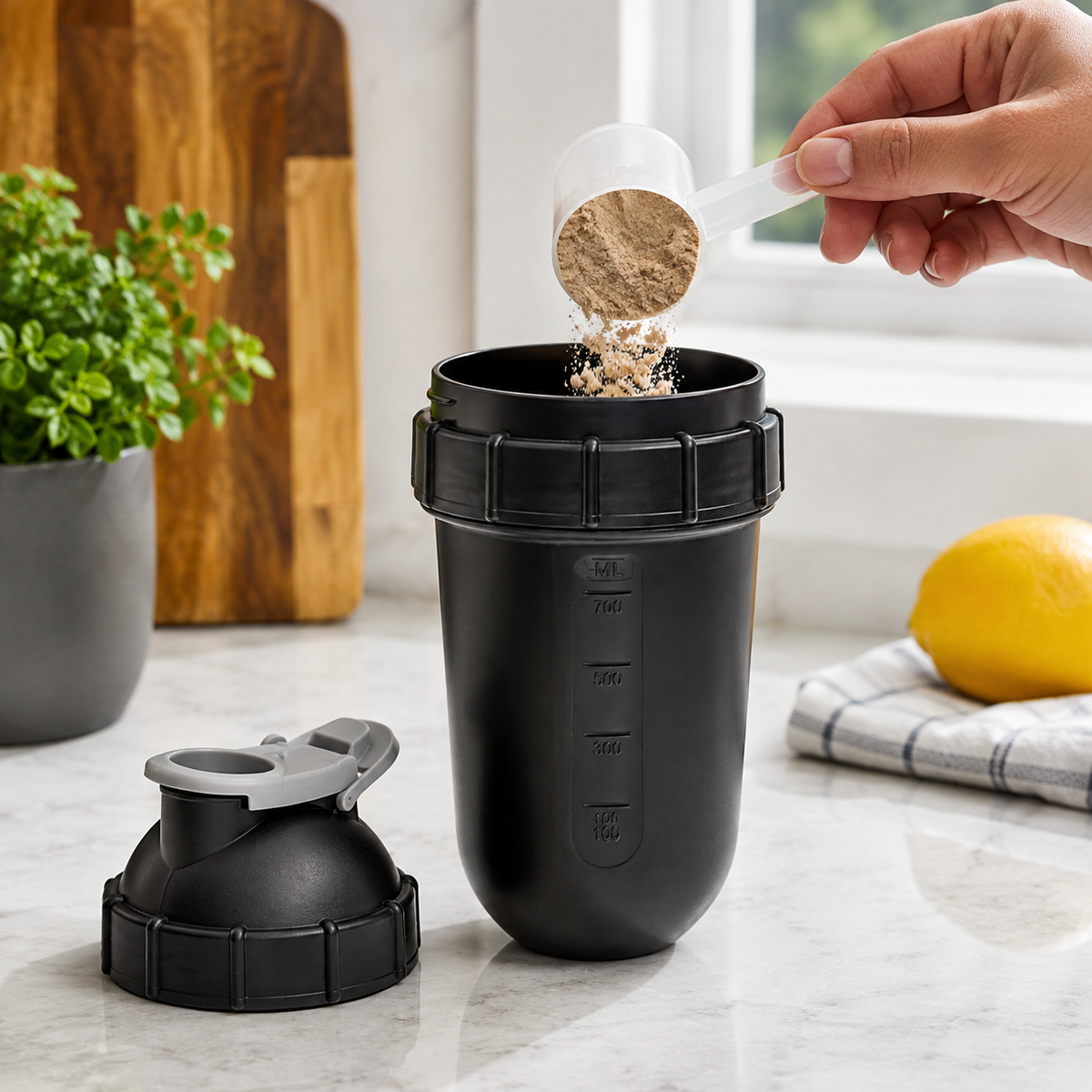 A hand pours brown protein powder from a scoop into an open black shaker bottle on a kitchen counter.