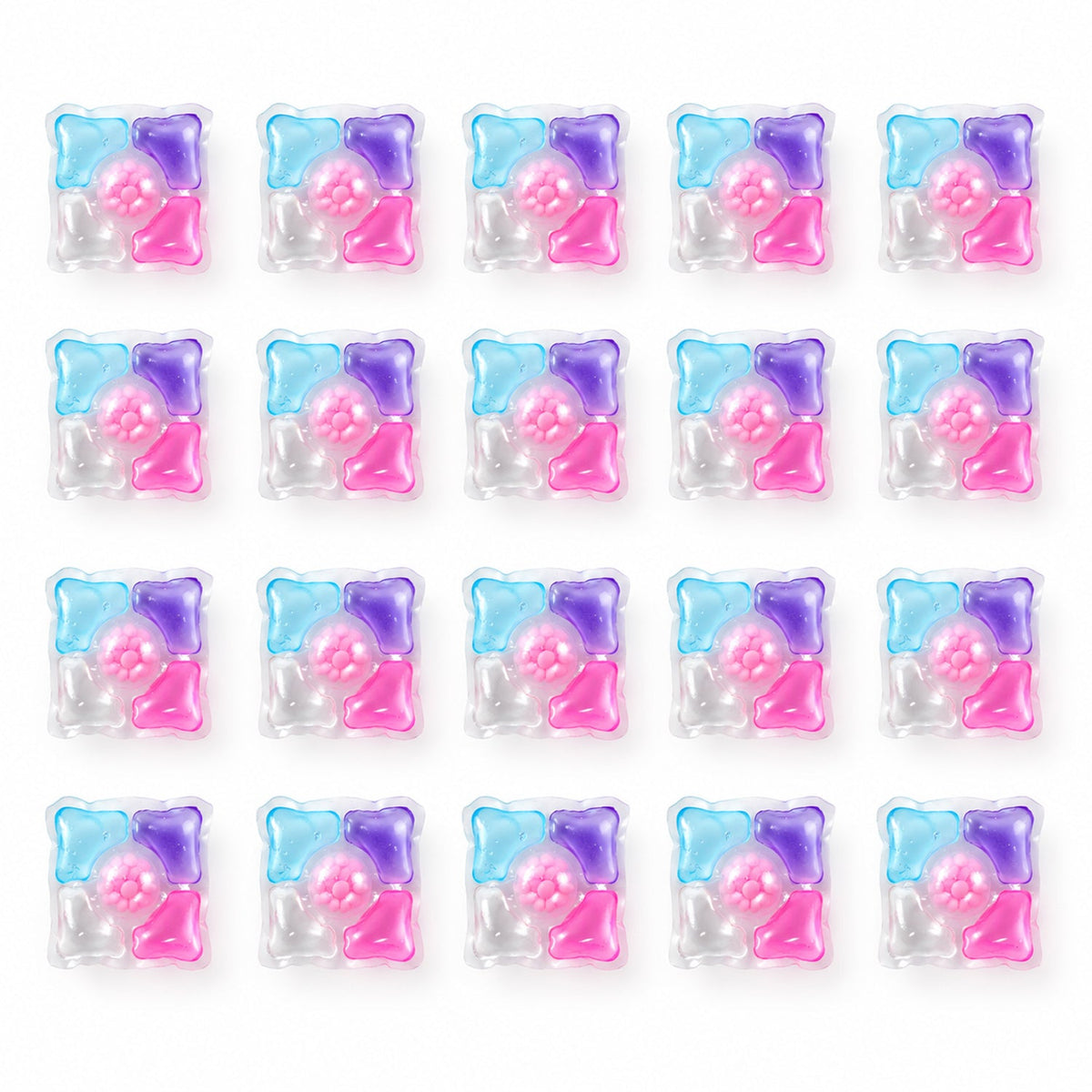Twenty individual multi-colored laundry detergent pods are arranged in four rows of five on a plain white surface.