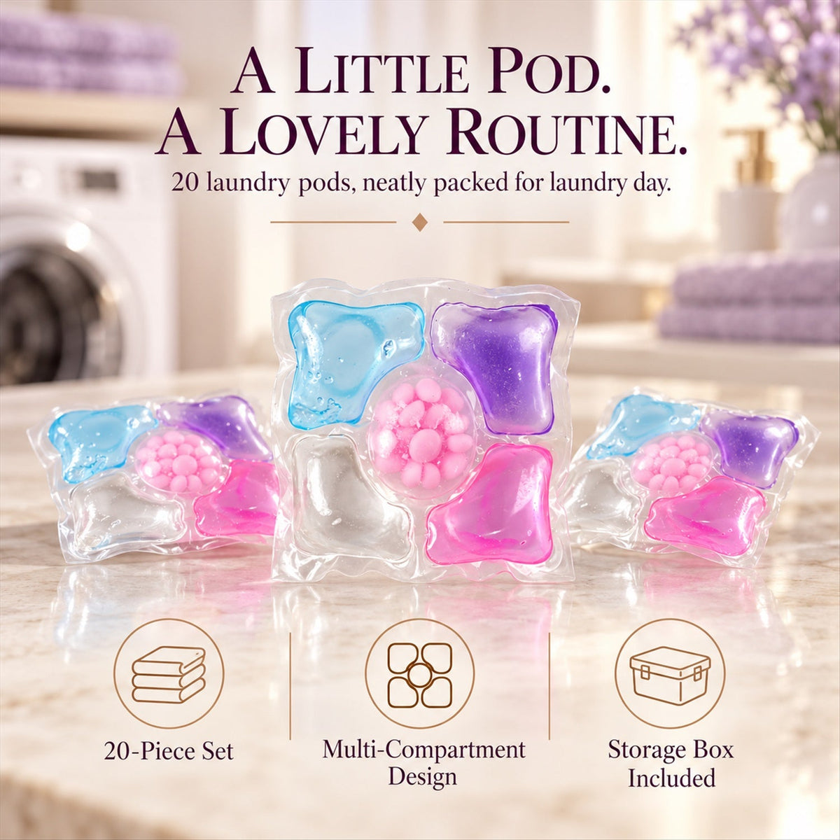 Three colorful laundry pods are displayed on a marble surface with a washing machine and text describing the product