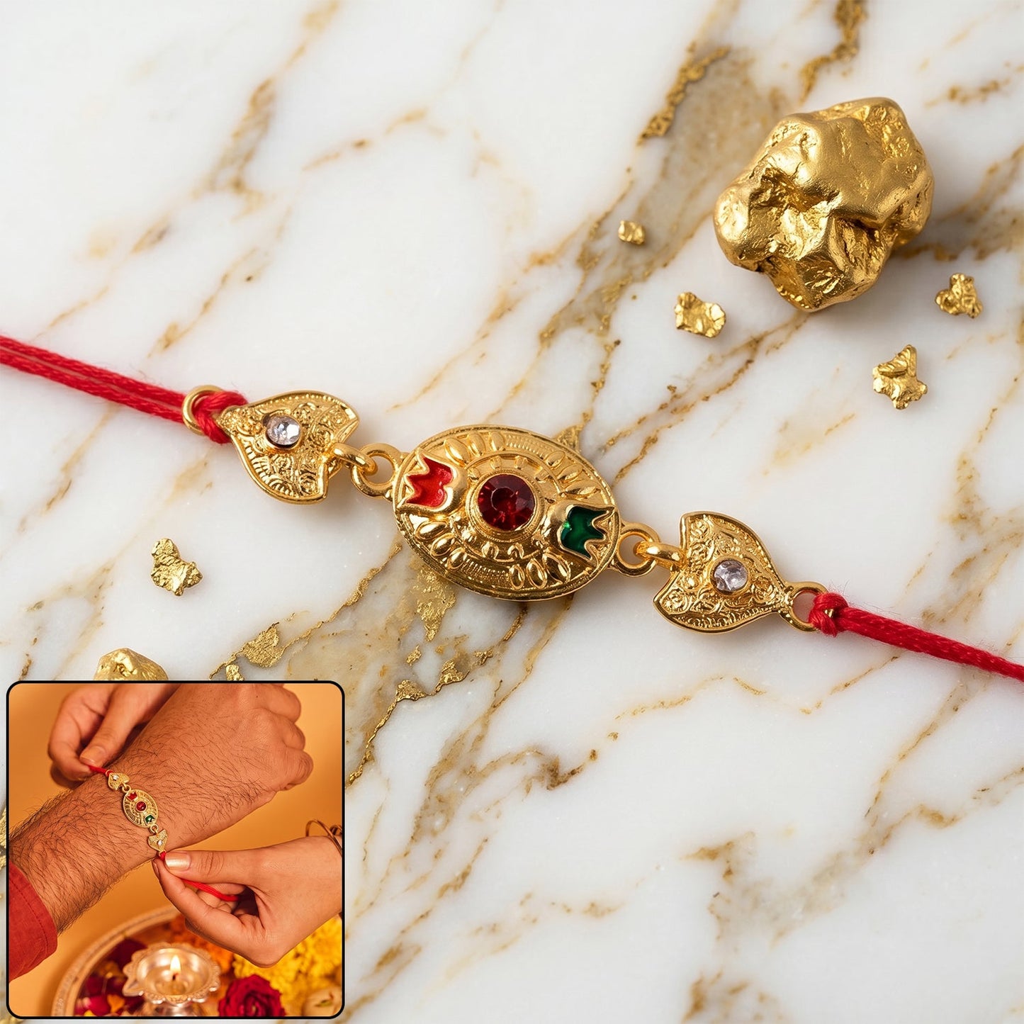 Beautiful traditional gold-tone Rakhi with ruby and emerald accents, perfect for Raksha Bandhan