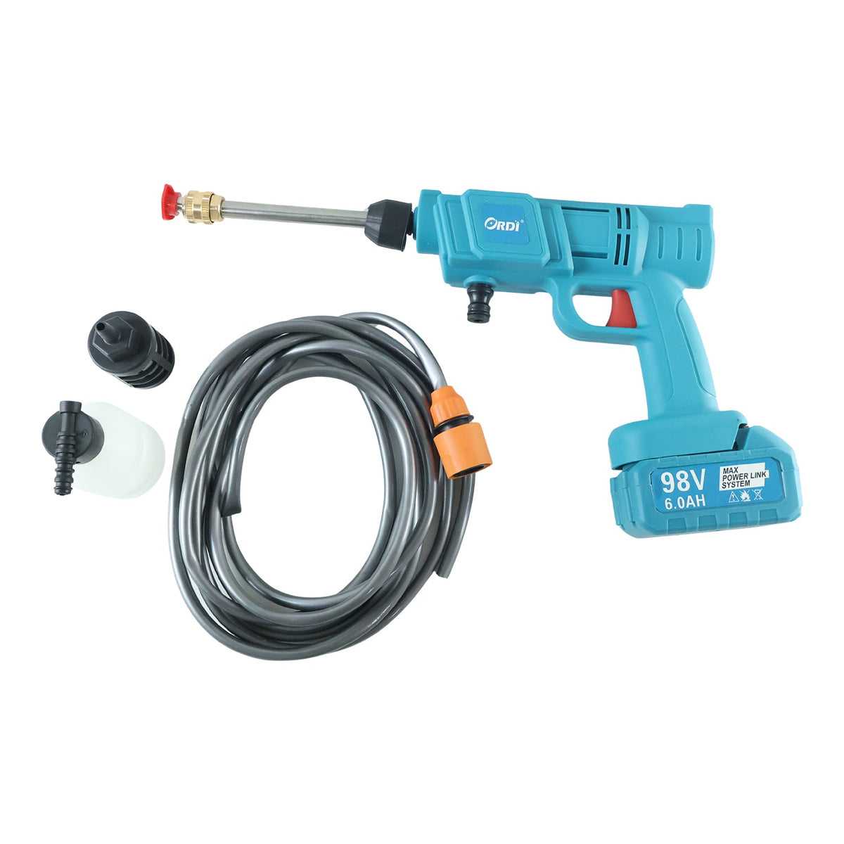 A teal wireless pressure washer with a long nozzle, a coiled hose with an orange connector, a soap dispenser, and a filter