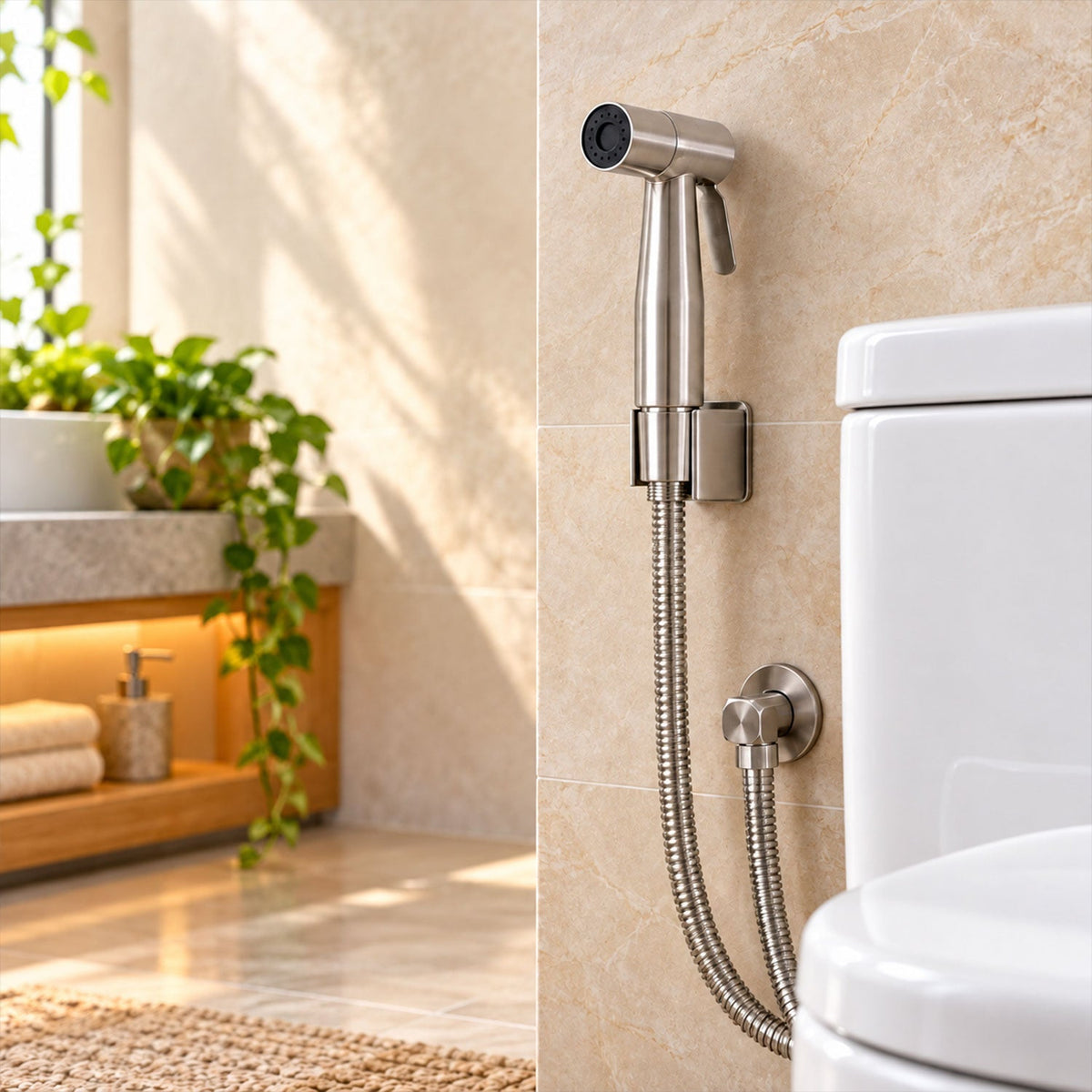 A brushed steel bidet sprayer with a flexible hose is mounted on a tiled wall next to a white toilet in a bright – view 3