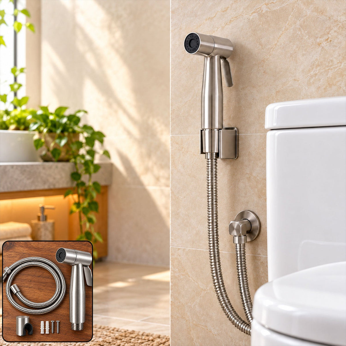 A brushed steel bidet sprayer with a flexible hose is mounted on a tiled wall next to a white toilet in a bright bathroom