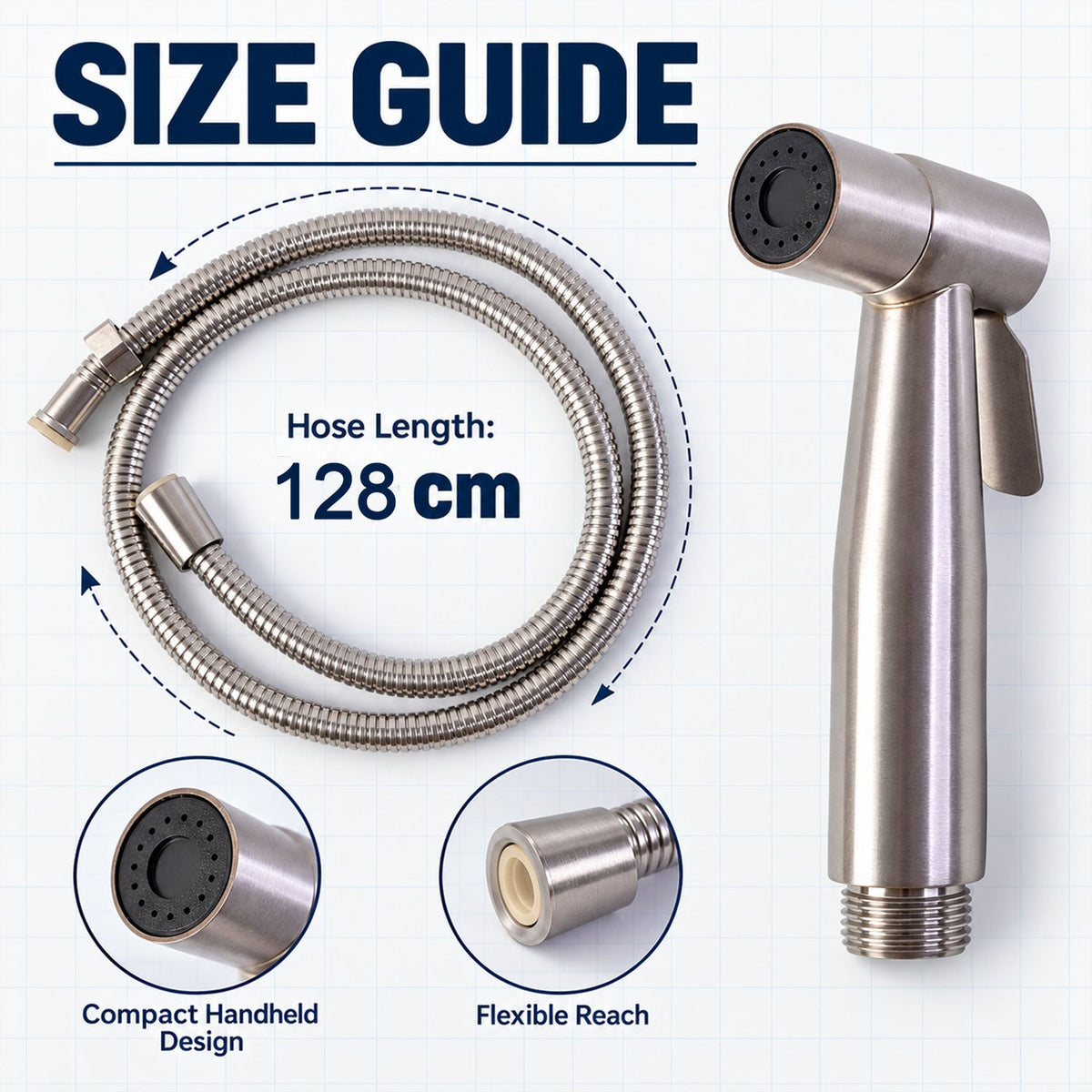 A brushed steel bidet sprayer and coiled hose are displayed with a size guide indicating a hose length of 128 cm, alongside