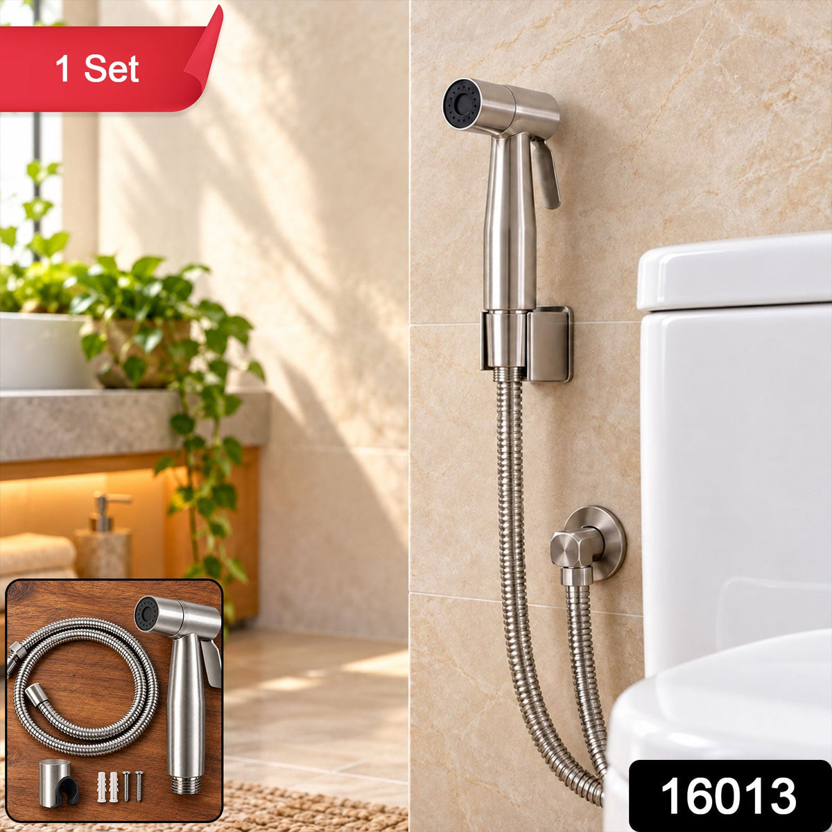 A brushed steel bidet sprayer with a flexible hose is mounted on a tiled wall next to a white toilet in a bright – view 2