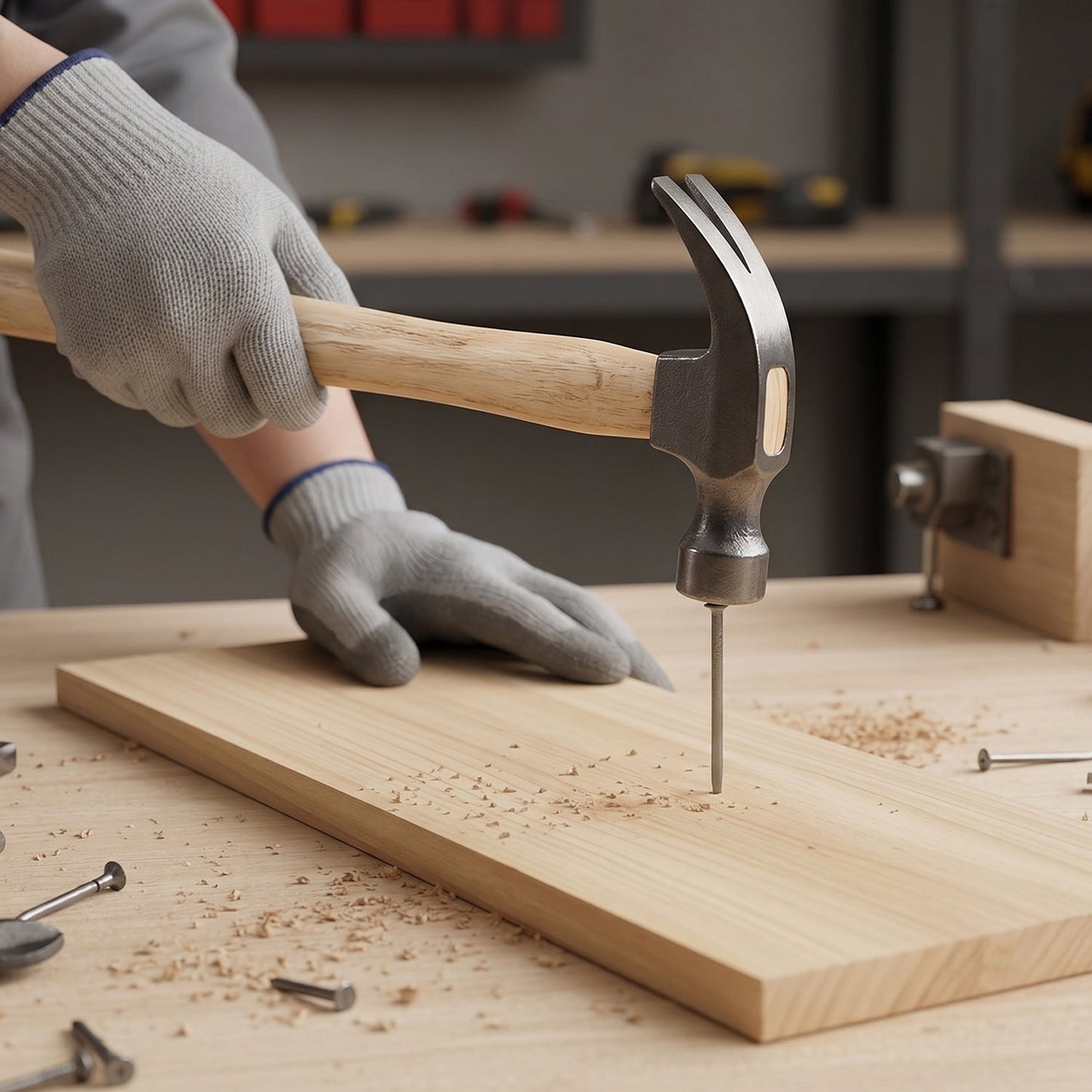 Claw hammer in use for carpentry