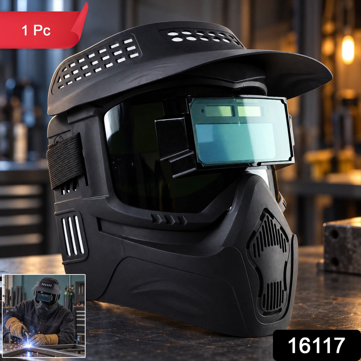The black welding helmet is displayed on a metal surface, with a small inset showing a person wearing it while welding.