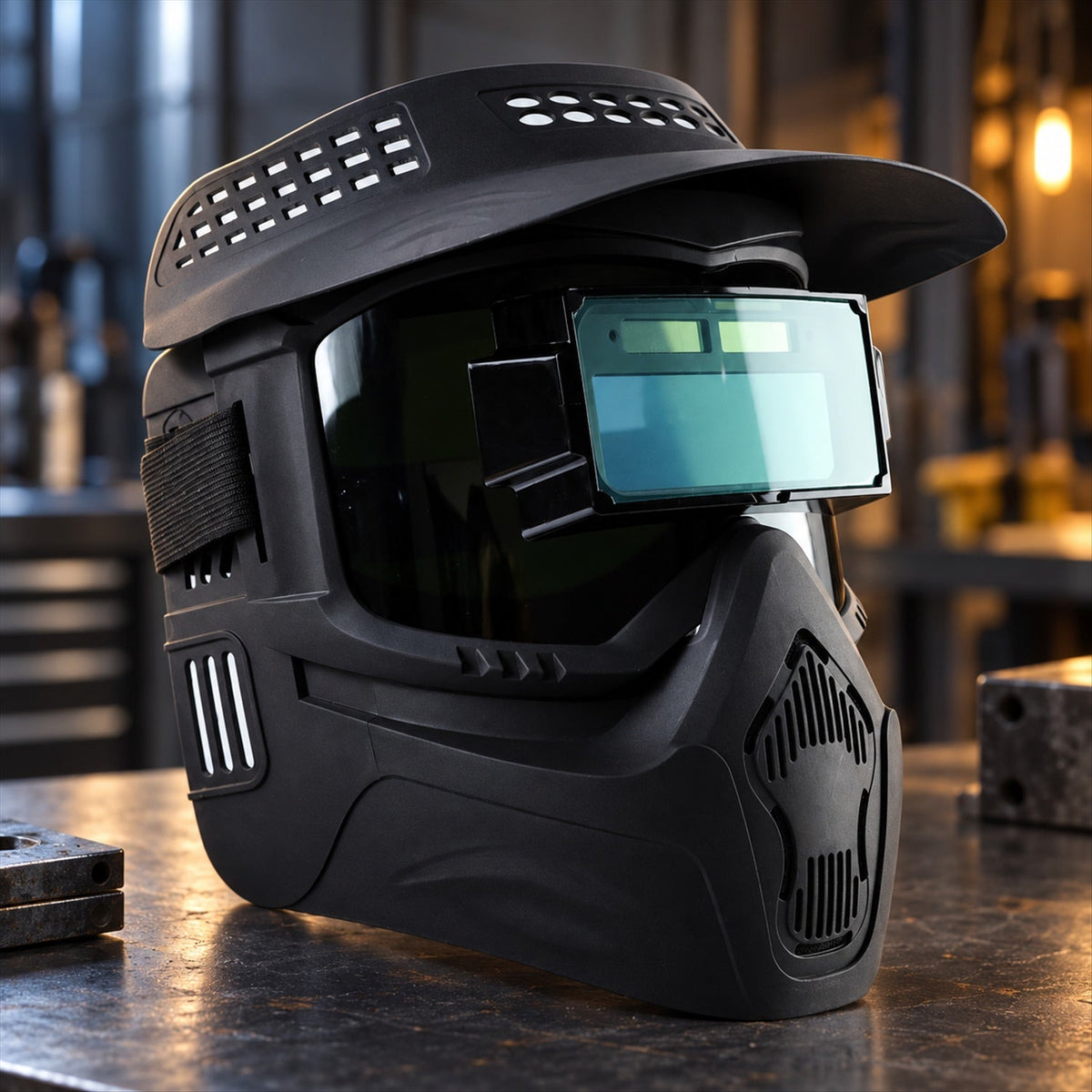 A black welding helmet with a visor and green-tinted auto-darkening lens sits on a metal workbench in a workshop.