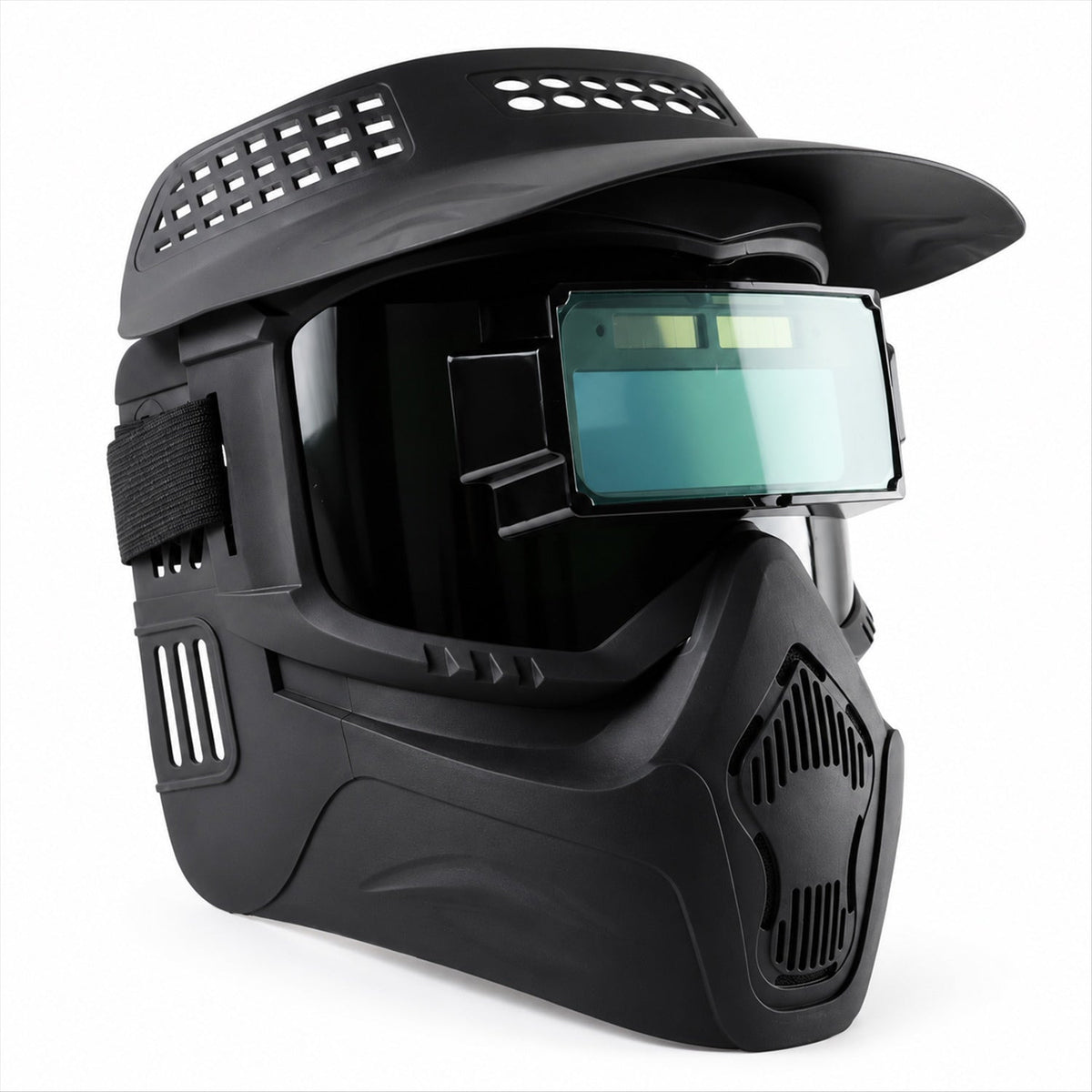 The black welding helmet with a visor and a green-tinted lens is presented on a plain white background.