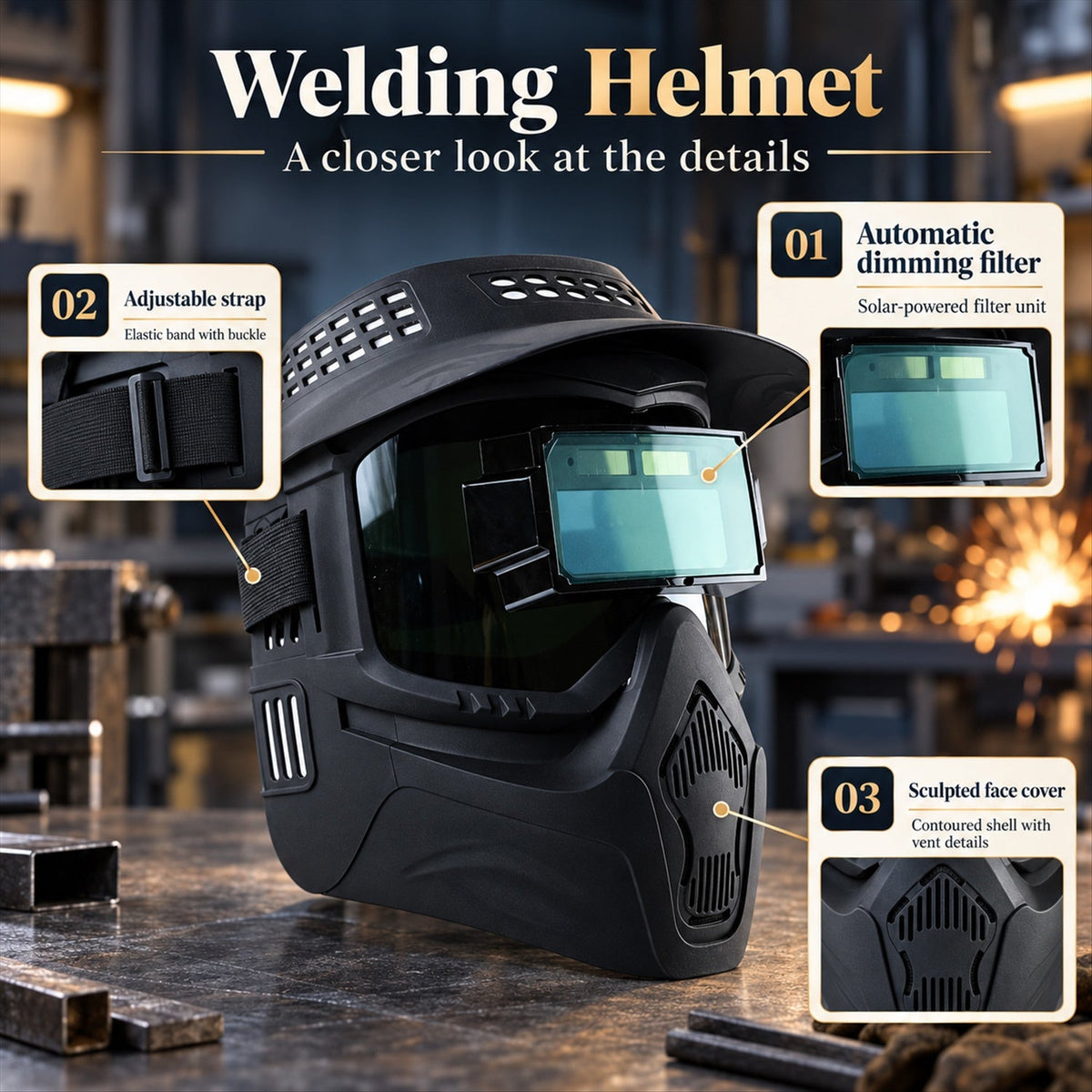 A black welding helmet is shown with callouts detailing its automatic dimming filter, adjustable strap, and sculpted face