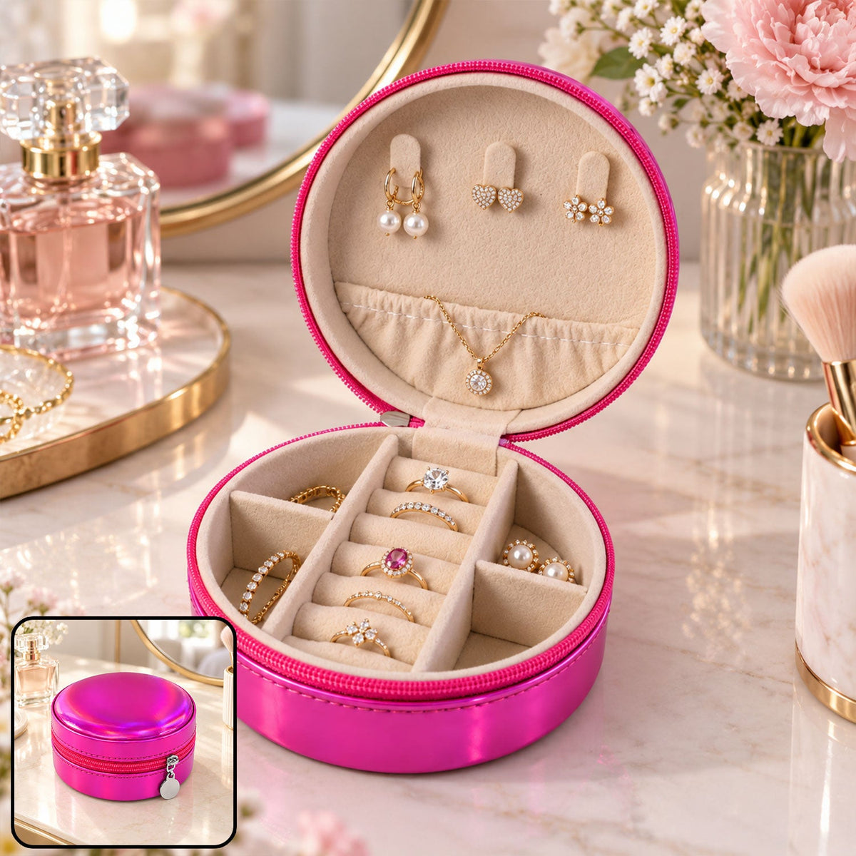 Open round holographic pink jewellery box filled with various rings, earrings, and a necklace on a vanity.