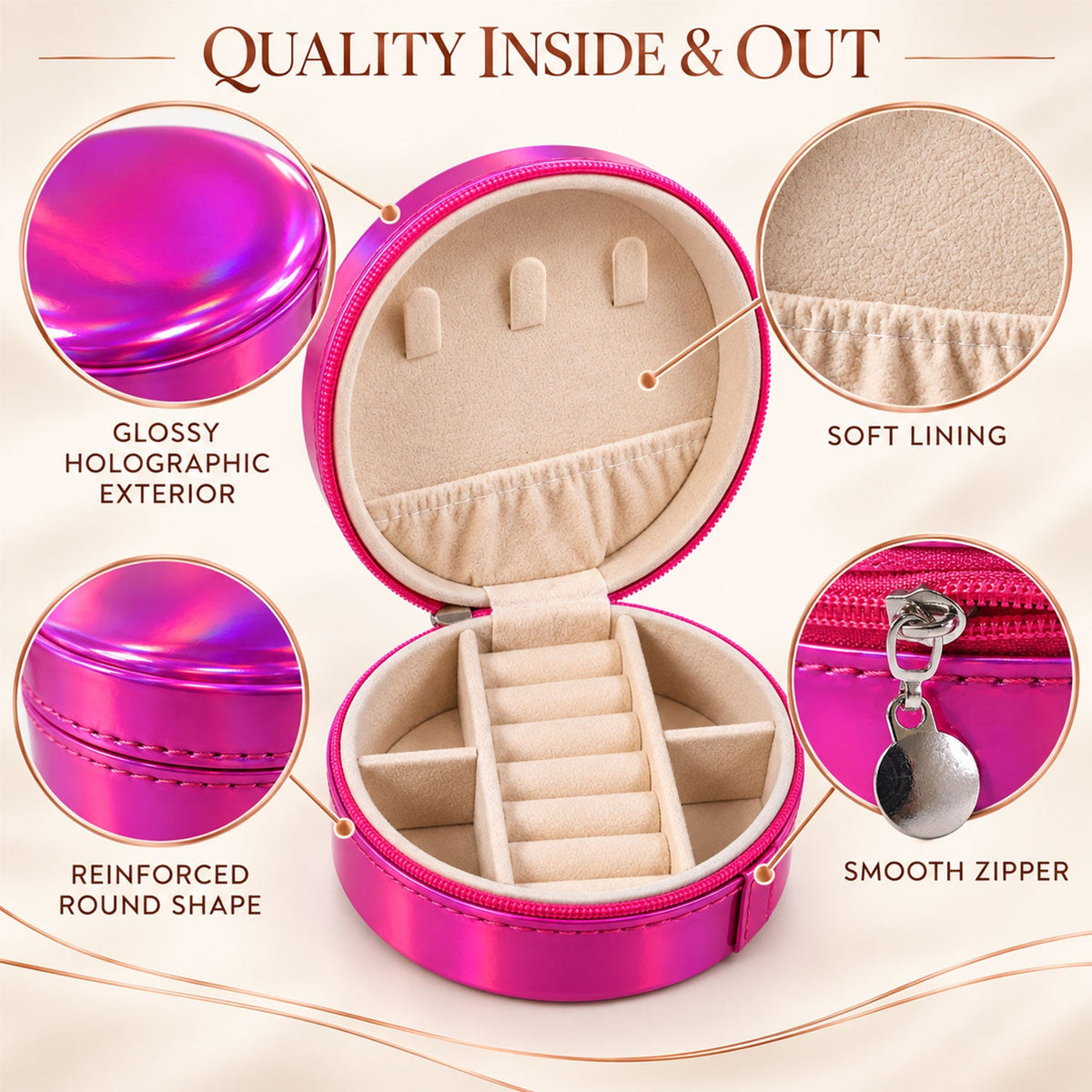 Detailed view of the pink jewellery box showing its glossy exterior, soft lining, reinforced shape, and smooth zipper.