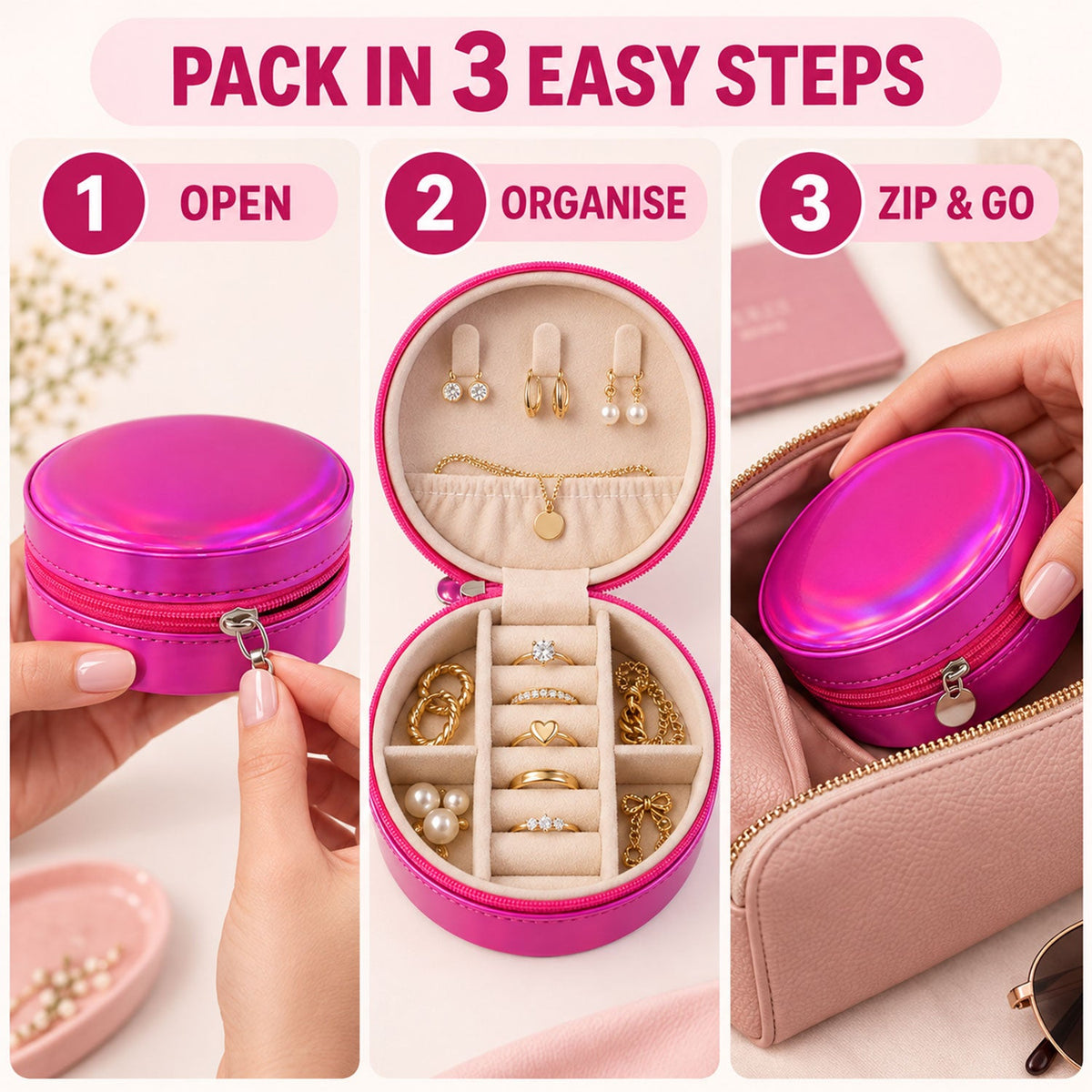 Holographic pink jewellery organiser on plain background