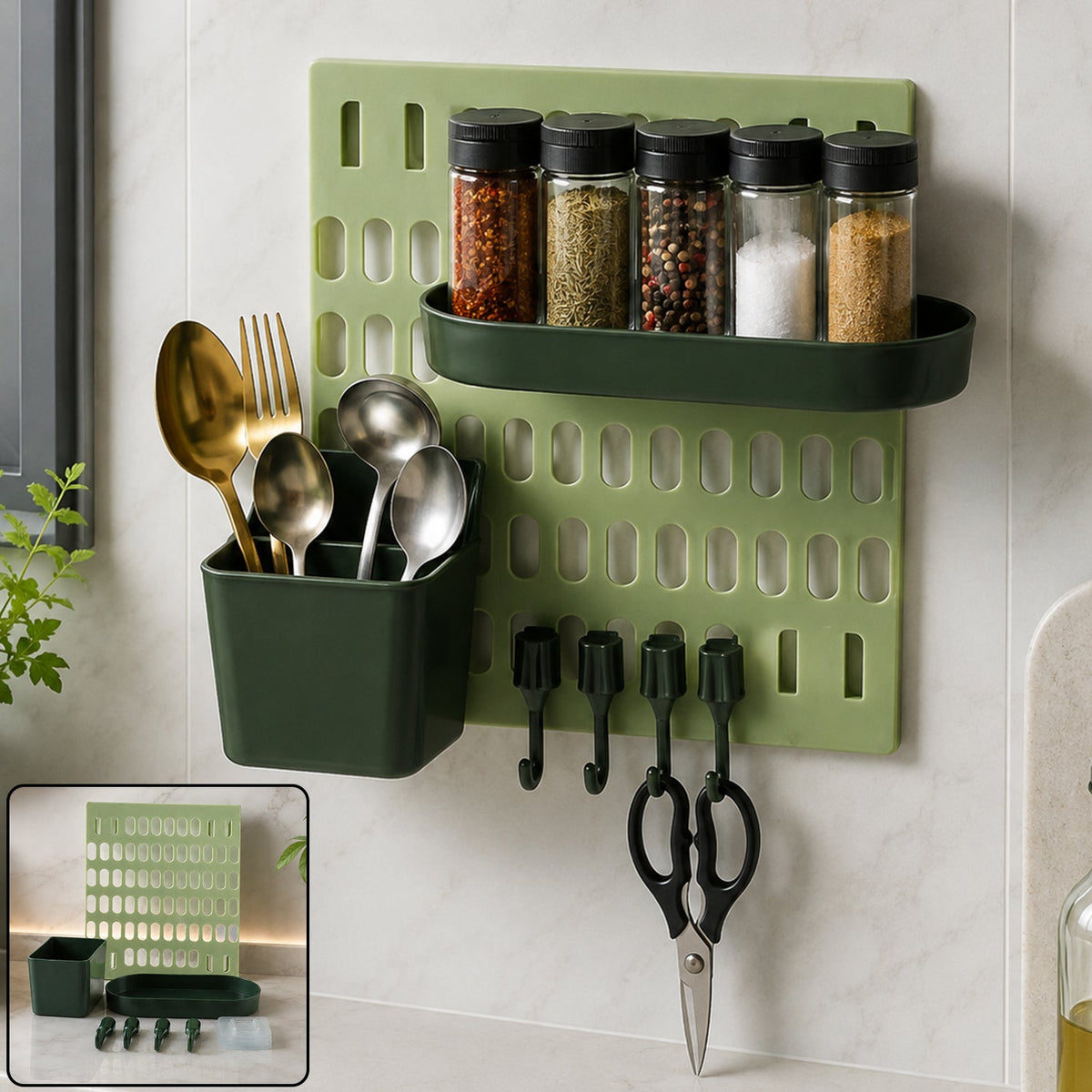 A light green pegboard with a dark green spice rack holding five spice jars, a dark green utensil holder with gold and