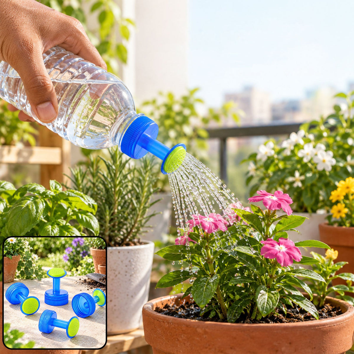 A hand holds a clear water bottle with a blue and green sprinkler cap, watering a pink potted plant on a balcony.
