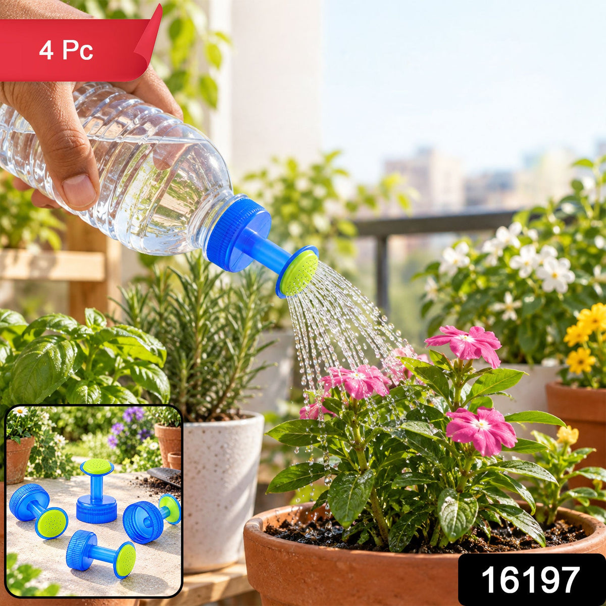 A hand holds a clear water bottle with a blue and green sprinkler cap, watering a pink potted plant on a balcony. Inset
