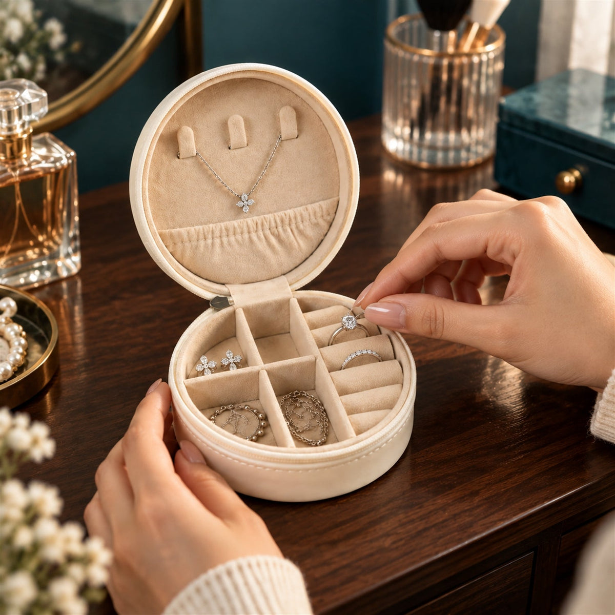 A person's hands placing a silver ring with a clear stone into a cream-colored round jewellery box.