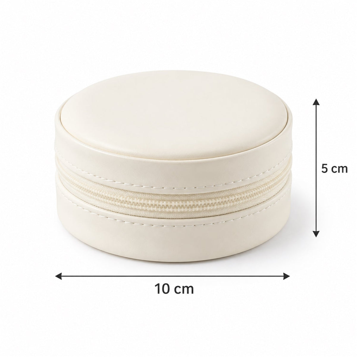 A closed cream-colored round jewellery organizer with a zipper, showing its 10 cm width and 5 cm height.