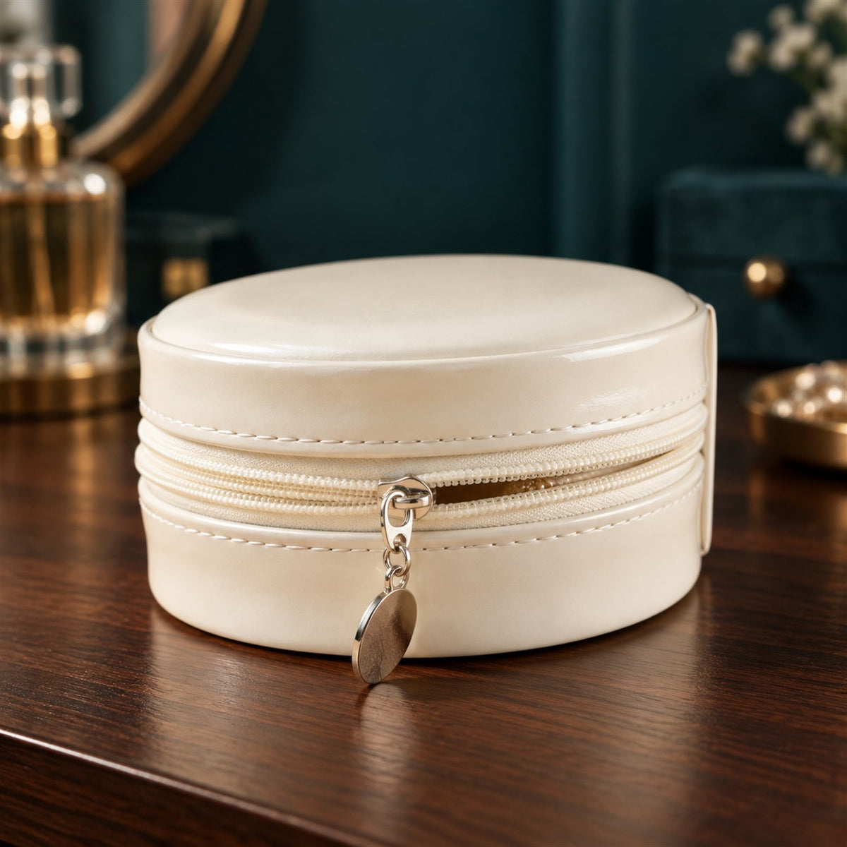 A closed cream-colored round jewellery organizer with a silver zipper pull, sitting on a dark wooden surface.
