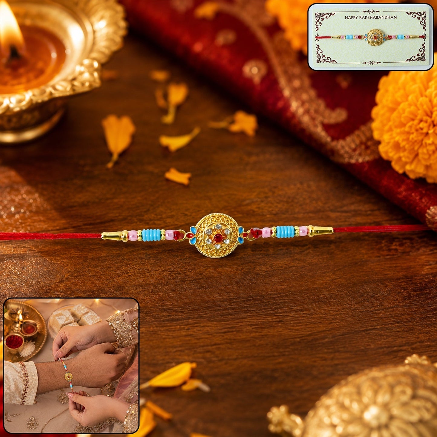 Diamond Rakhi with decorative beads and soft thread for Raksha Bandhan