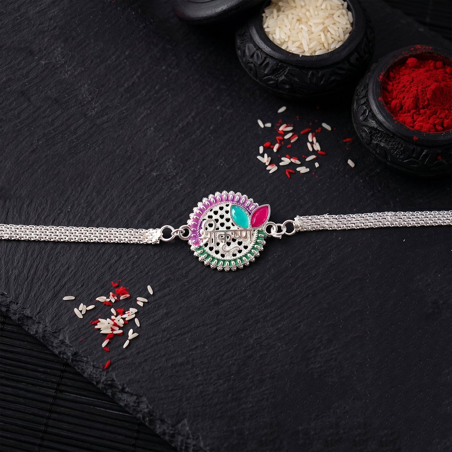 Elegant Shree Krishna Rakhi featuring decorative beads and traditional design