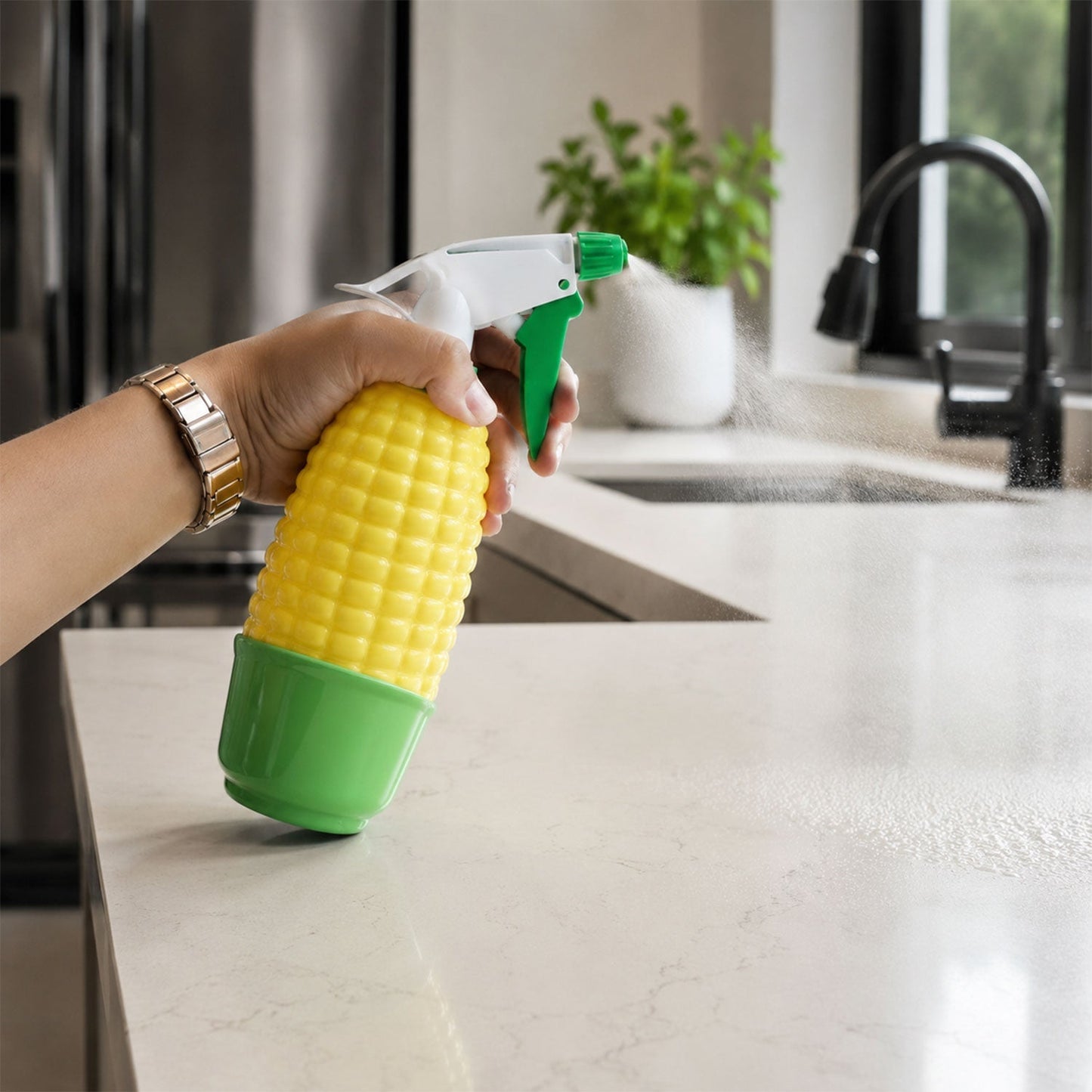 Decorative corn shape sprayer used for watering indoor plants.