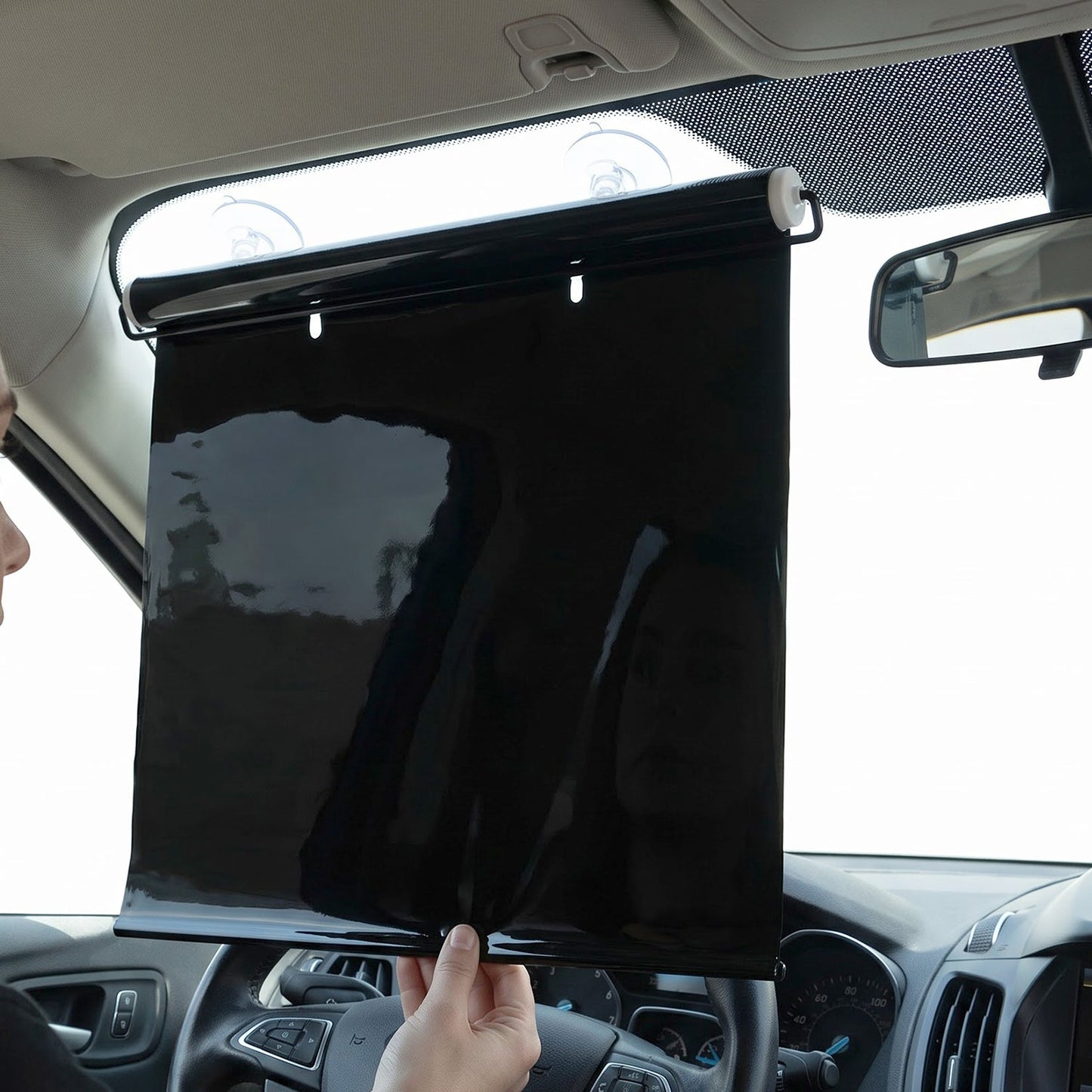 Car sun protection curtain installed