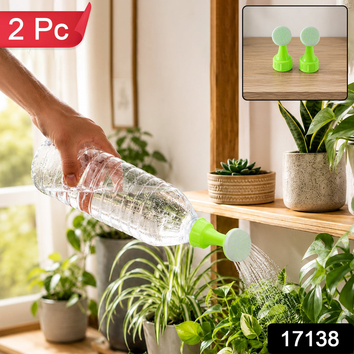 A hand holds a clear plastic bottle with a green and white sprinkler nozzle, watering indoor plants. A 2 Pc label is in the