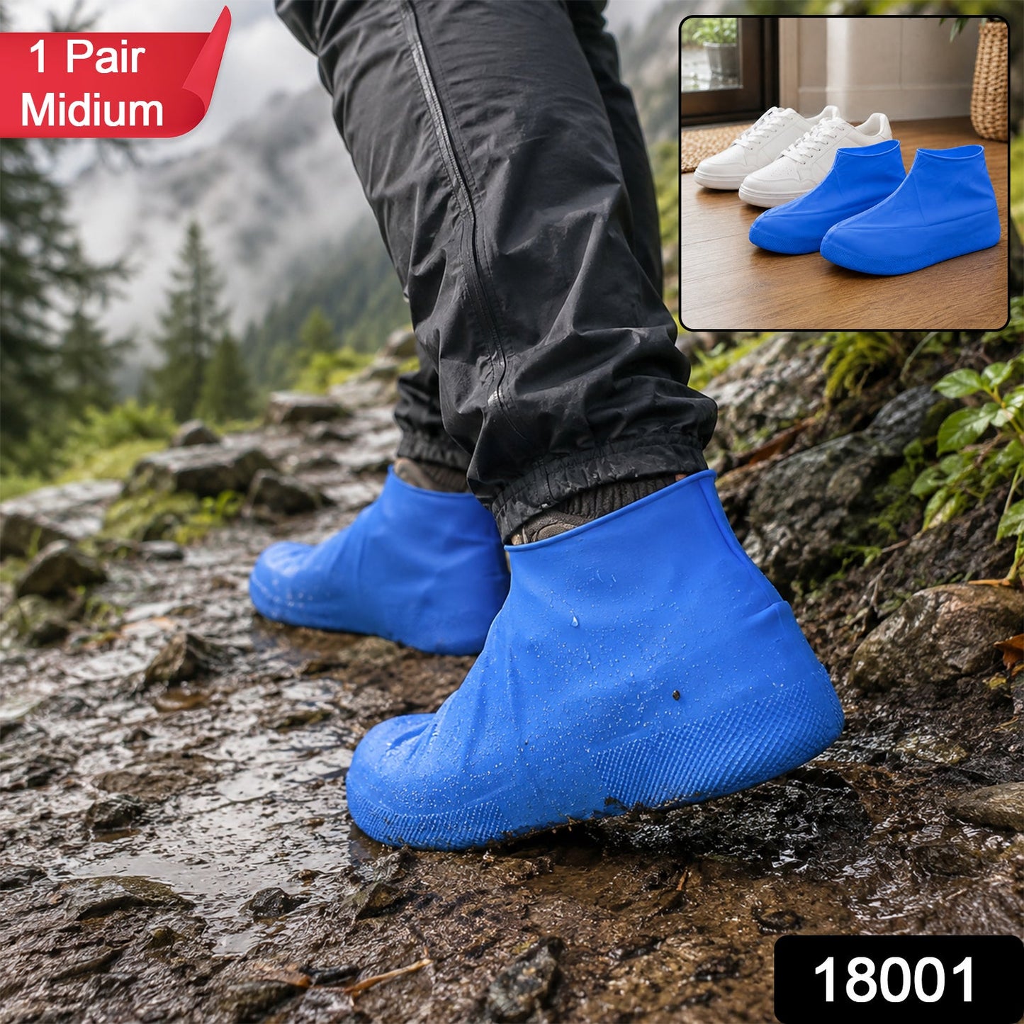 A person wearing black pants and blue latex shoe covers walks on a wet, rocky trail; a small inset shows two white shoes and