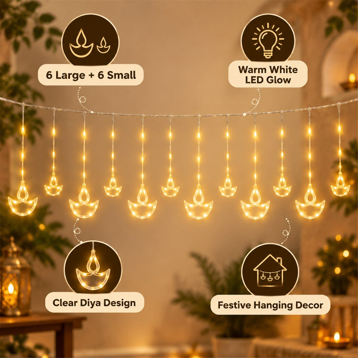 Twelve diya curtain light with six large and six small shapes