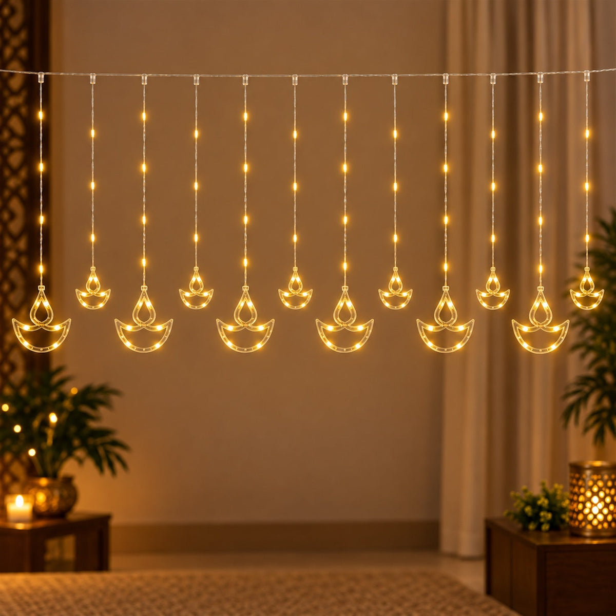Warm white LED curtain light with twelve hanging diya shapes