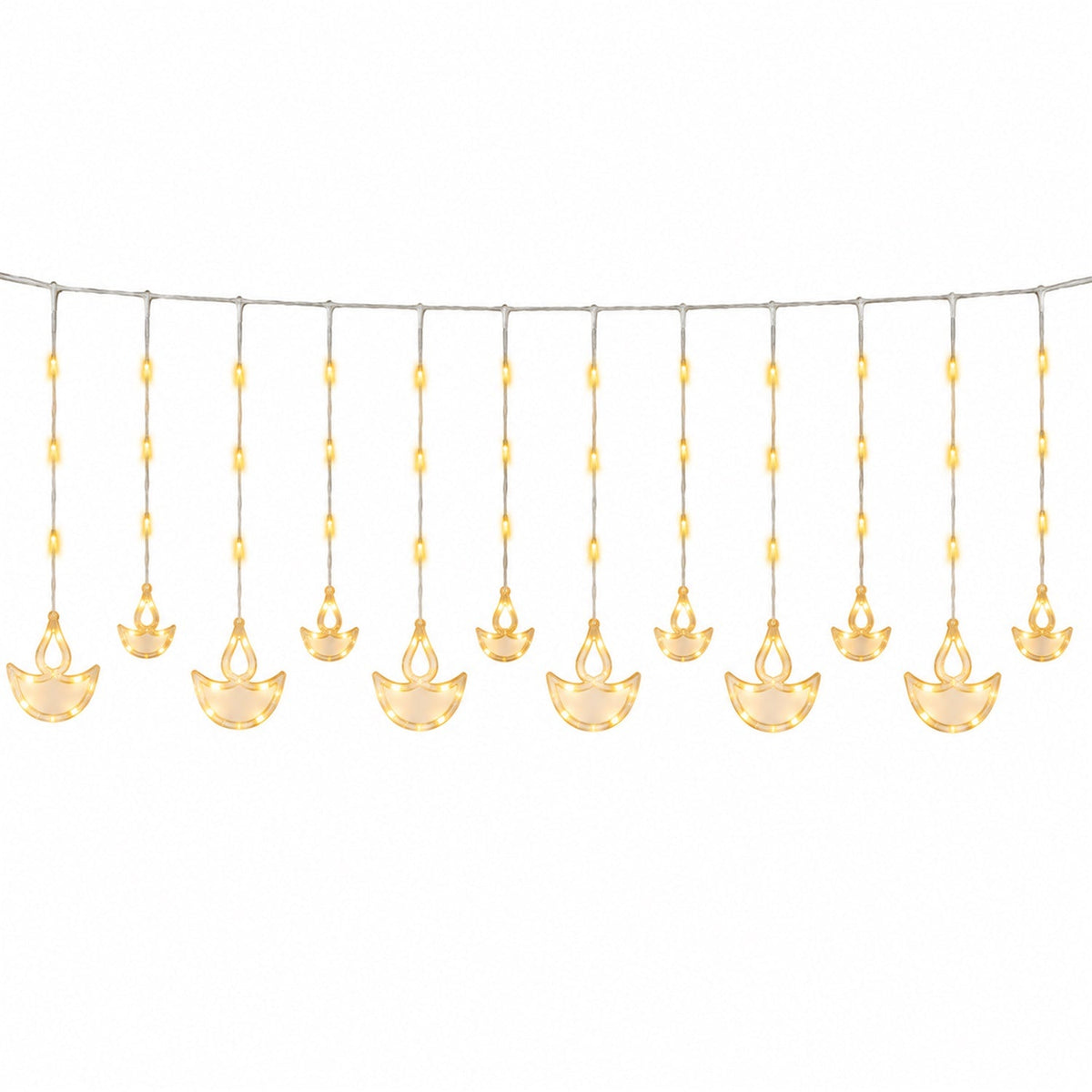 Warm white diya curtain light series on white background